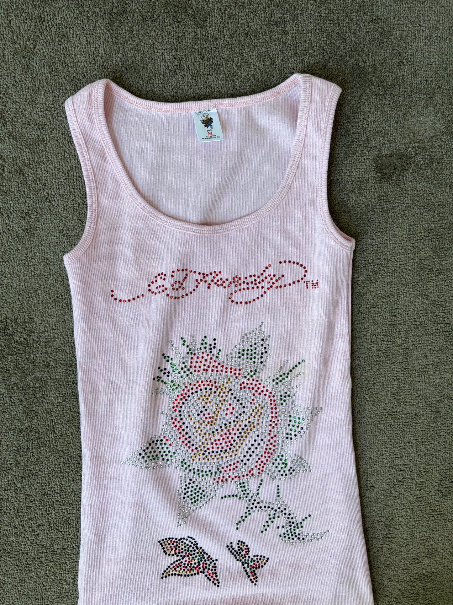 Y2K Vintage Ed Hardy Blush Rhinestone Rose Tank