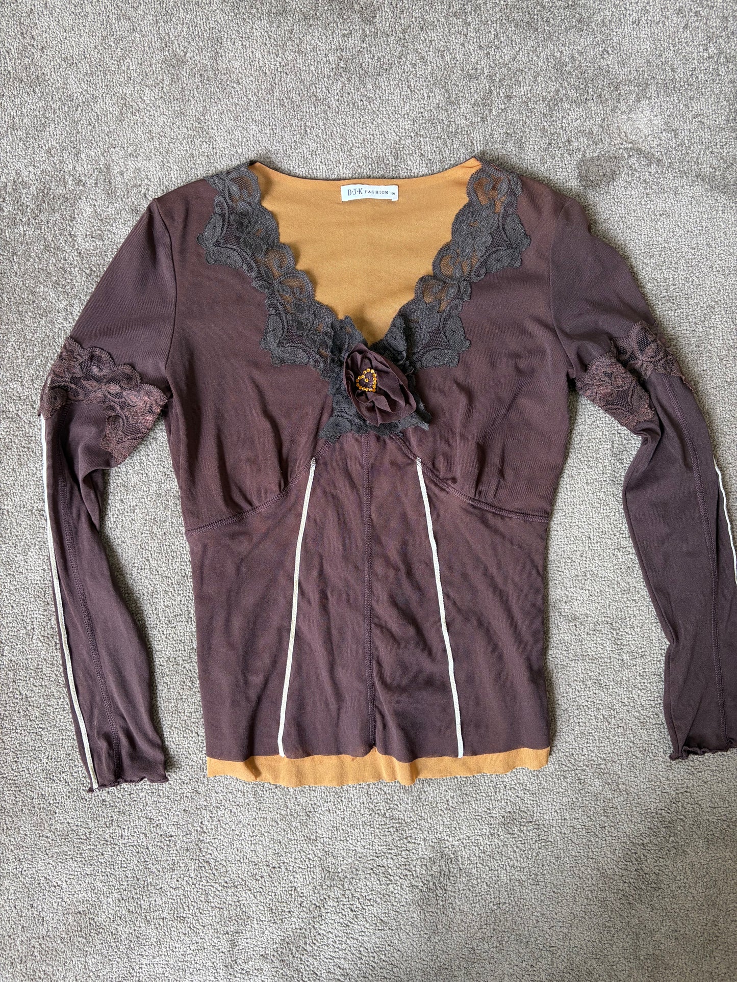 Vintage Cocoa Lace Trim Mesh Top