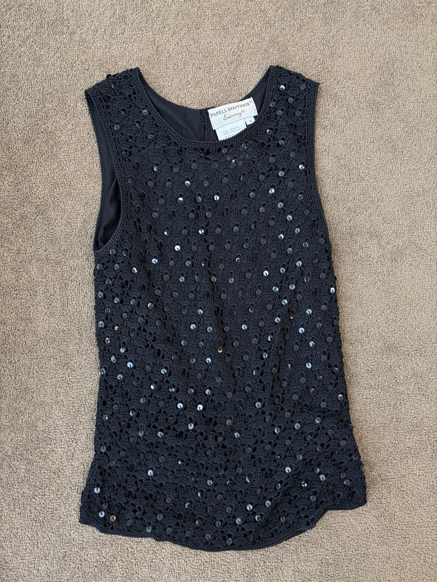 Luxury Vintage Black Crochet Sequin Top