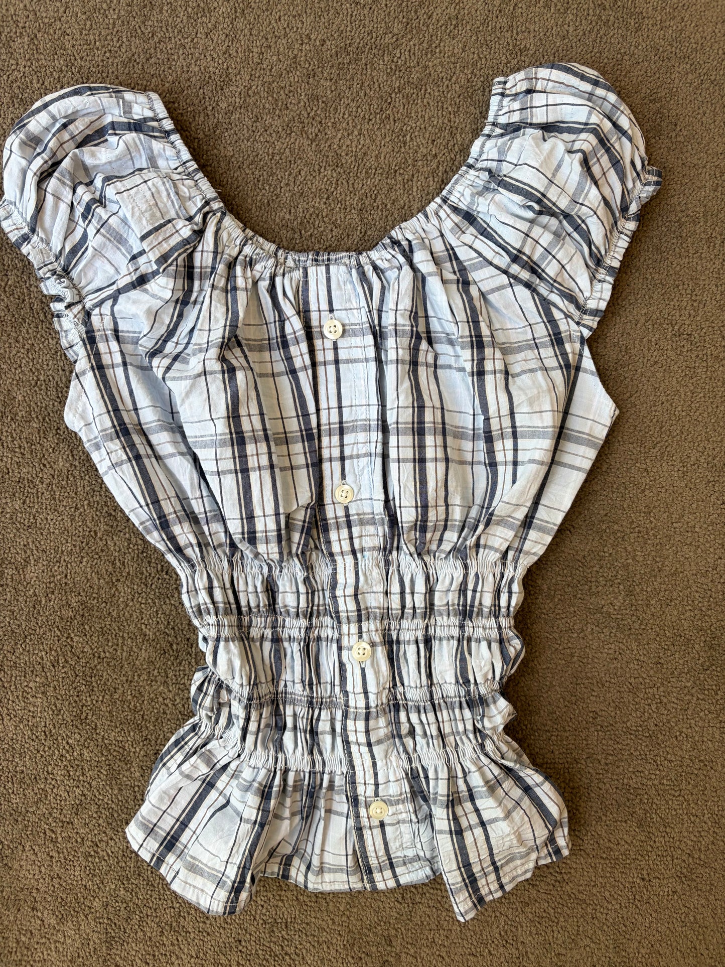 Blue Plaid Shirred Blouse