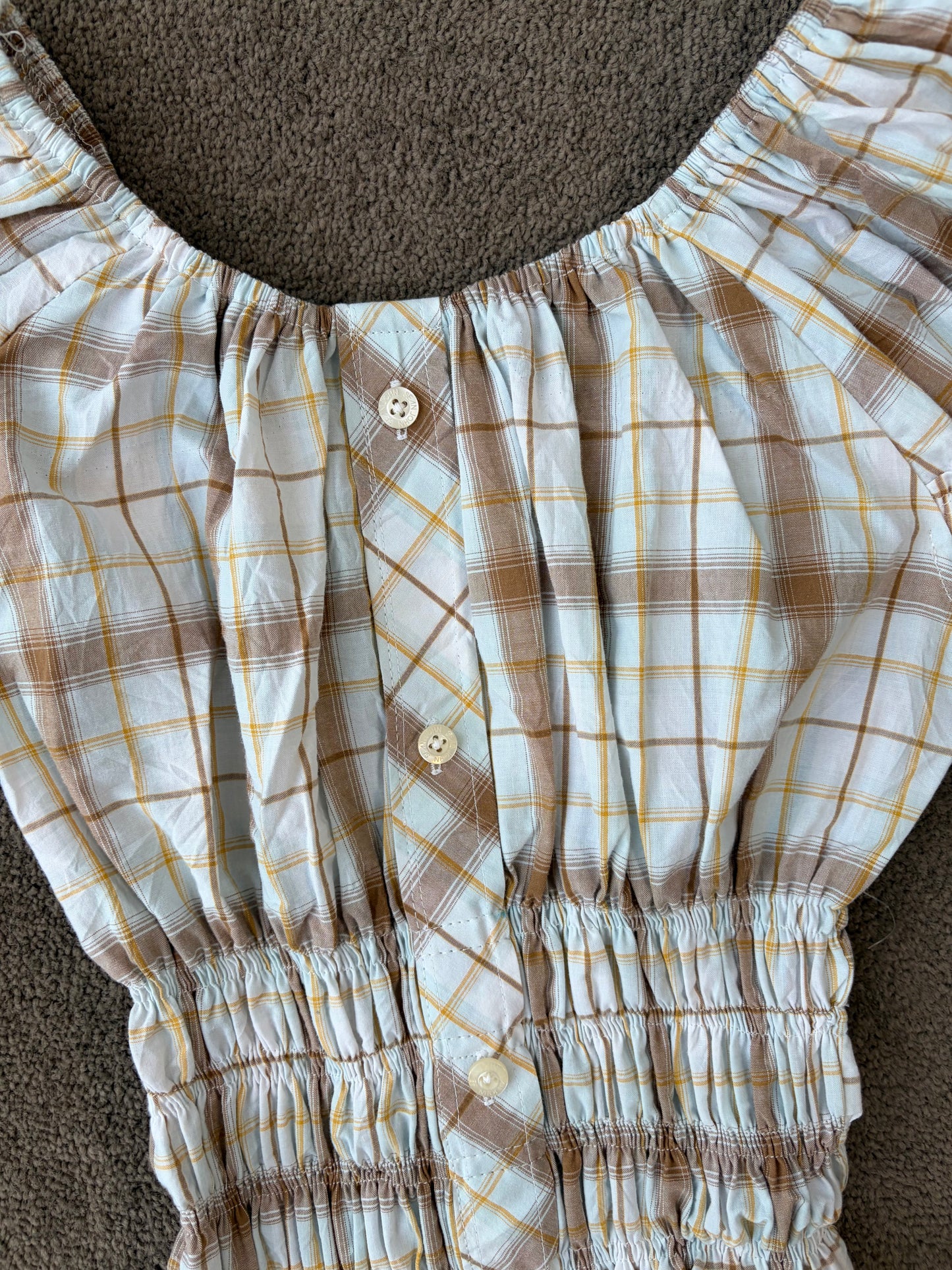 Romantic Plaid Shirred Blouse