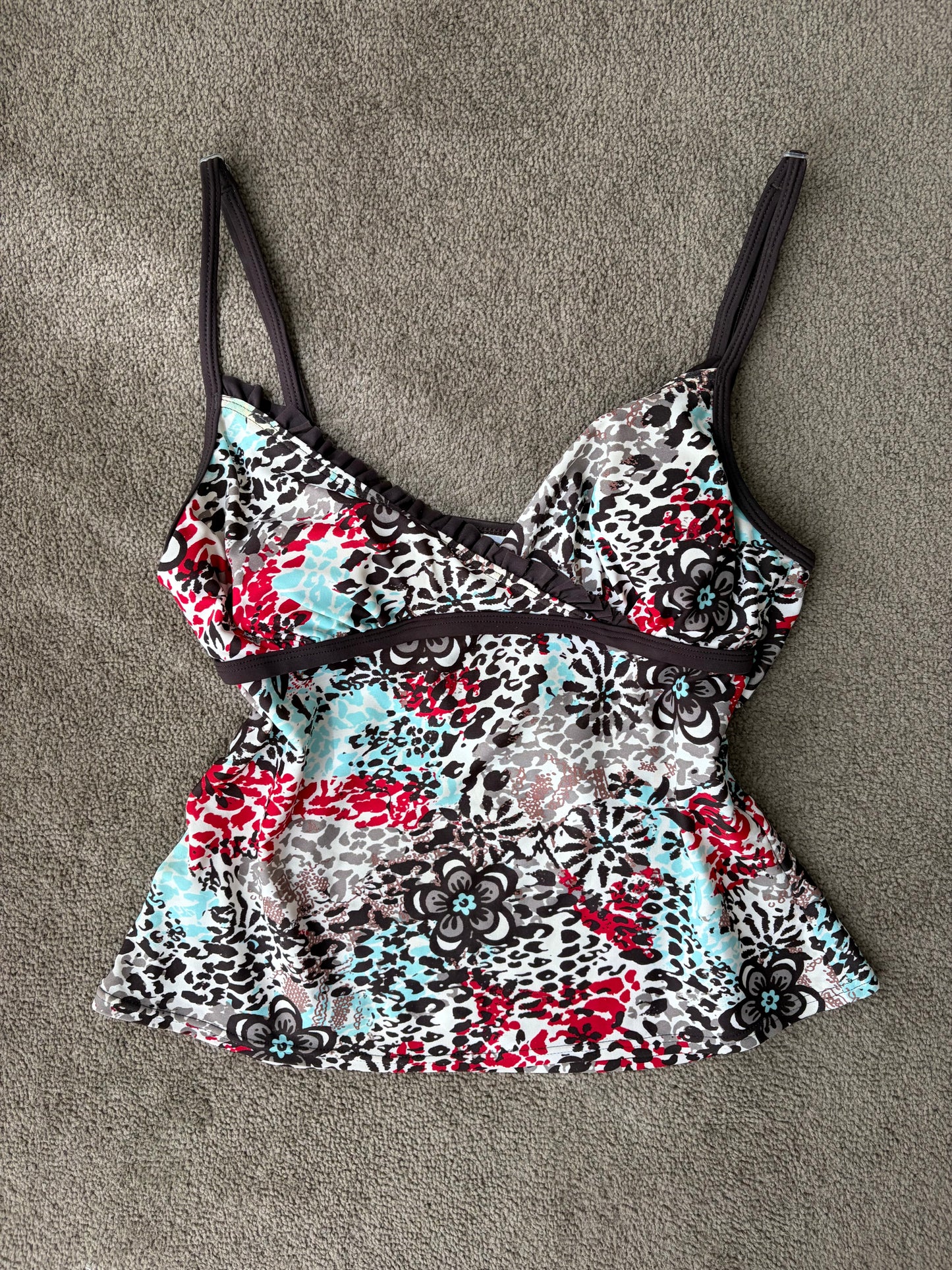 Vintage Abstract Animal-Print Ruffle Cami Top in Chocolate,