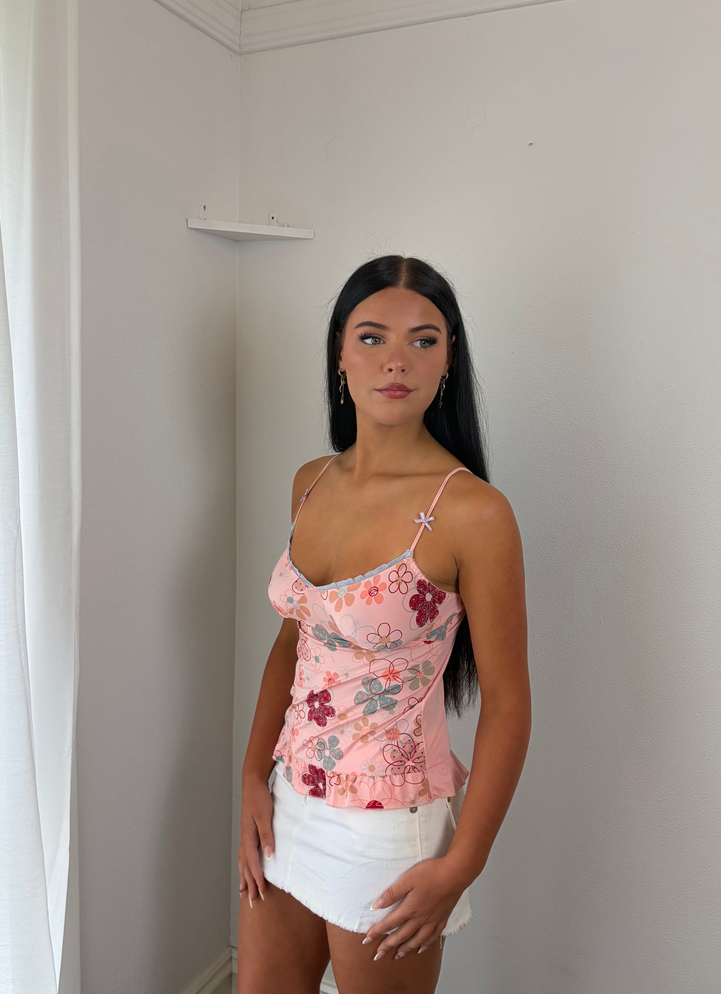 Salmon Floral Tank with Bow Straps