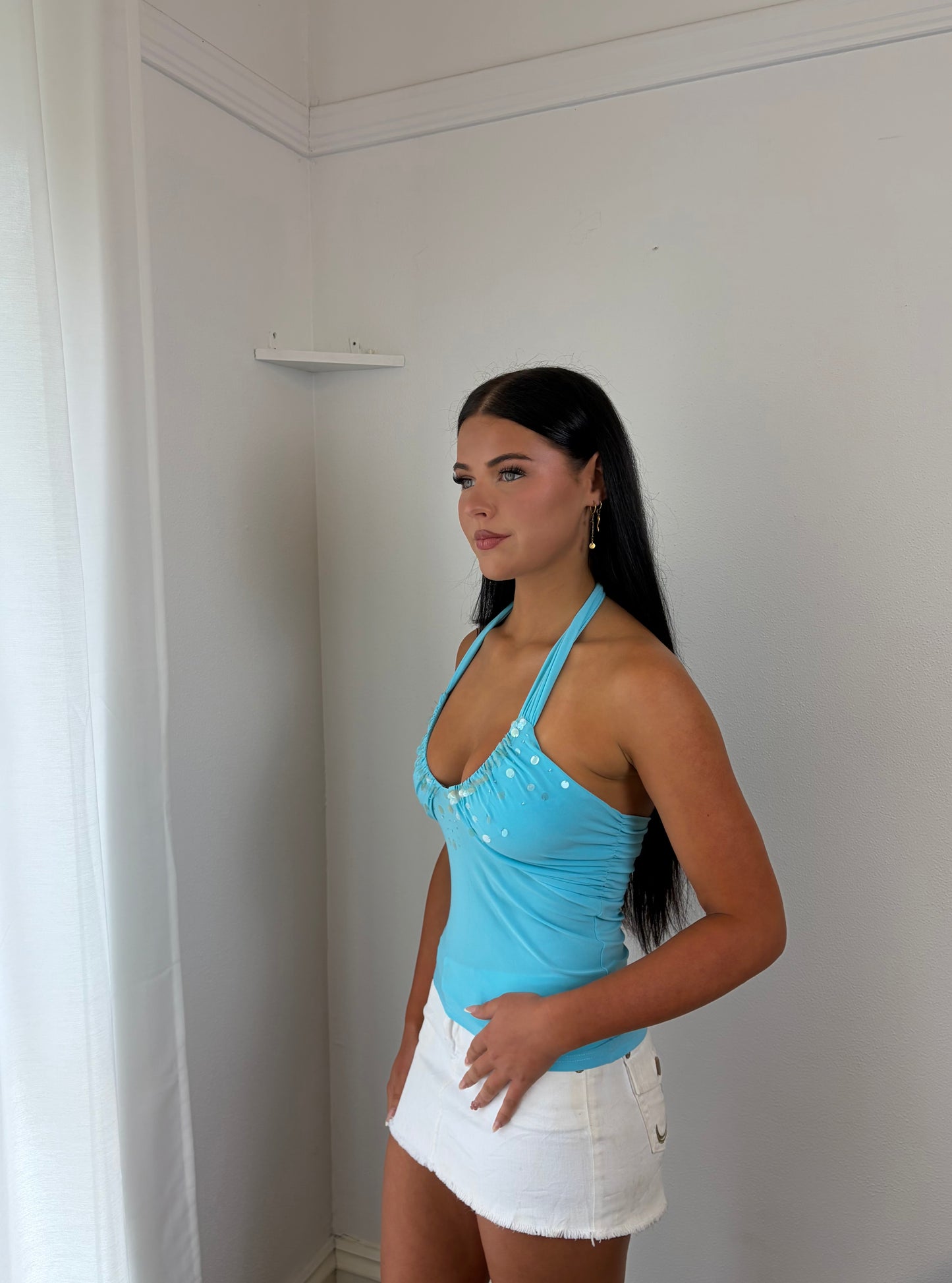Blue Halter Neck Sequin Tank