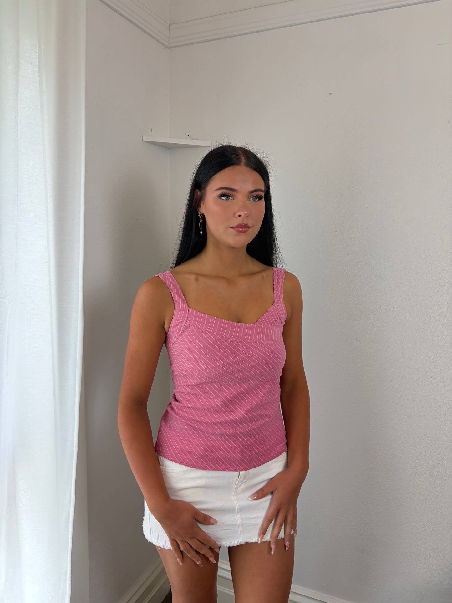 Y2K Pink Pinstripe crossbody Top – 2000s Vintage