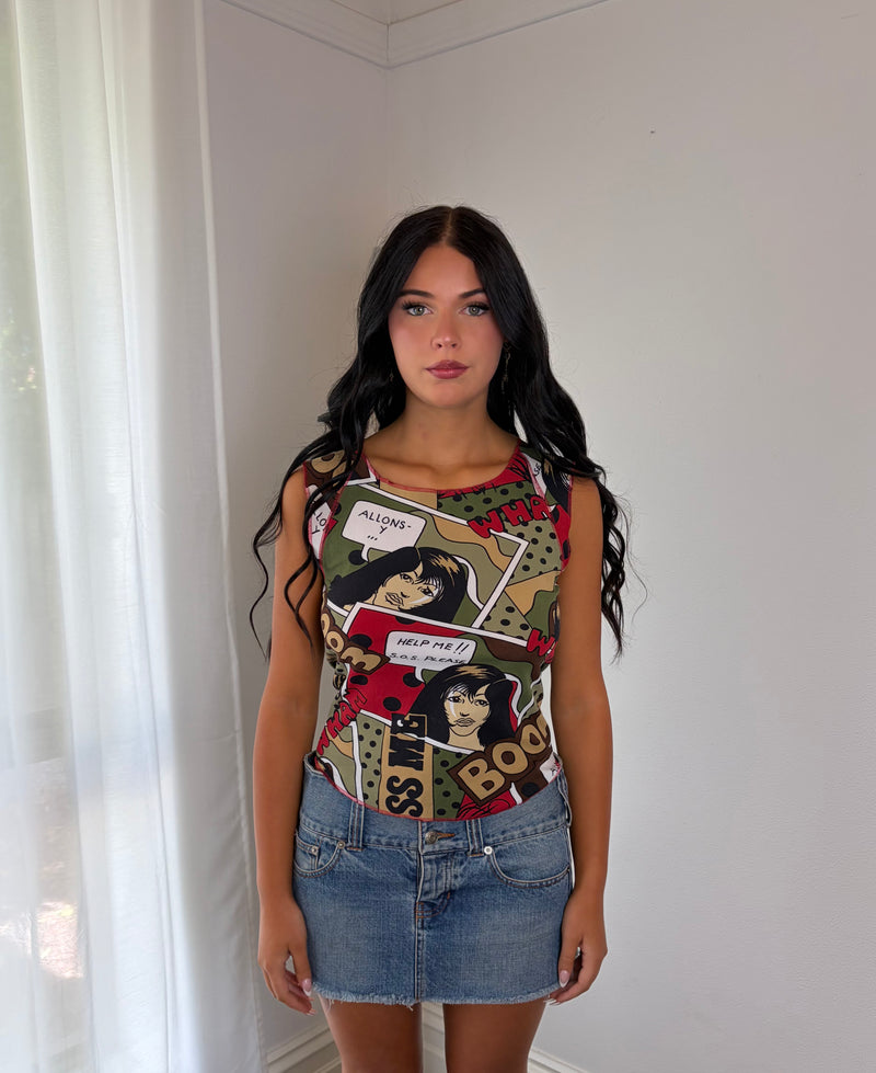 Comic Print Mesh Corset Top