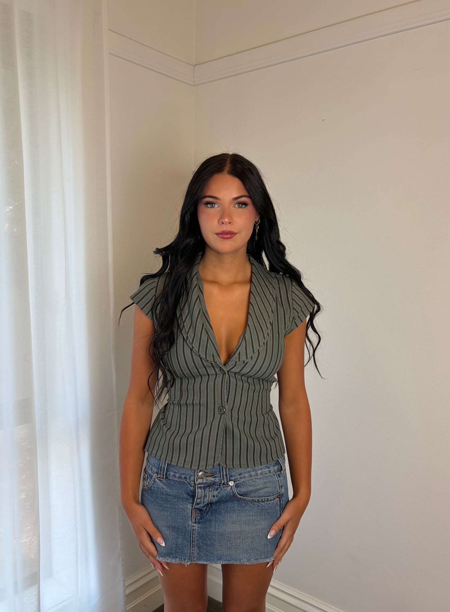 Y2K Vintage Olive Pinstripe Button Blouse