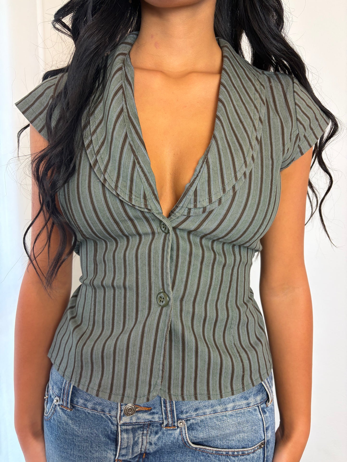 Y2K Vintage Olive Pinstripe Button Blouse