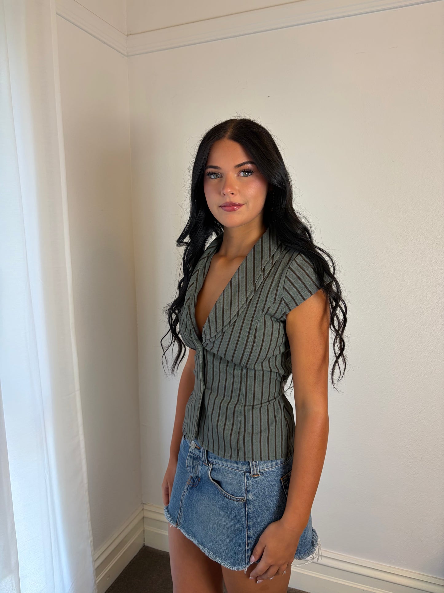 Y2K Vintage Olive Pinstripe Button Blouse