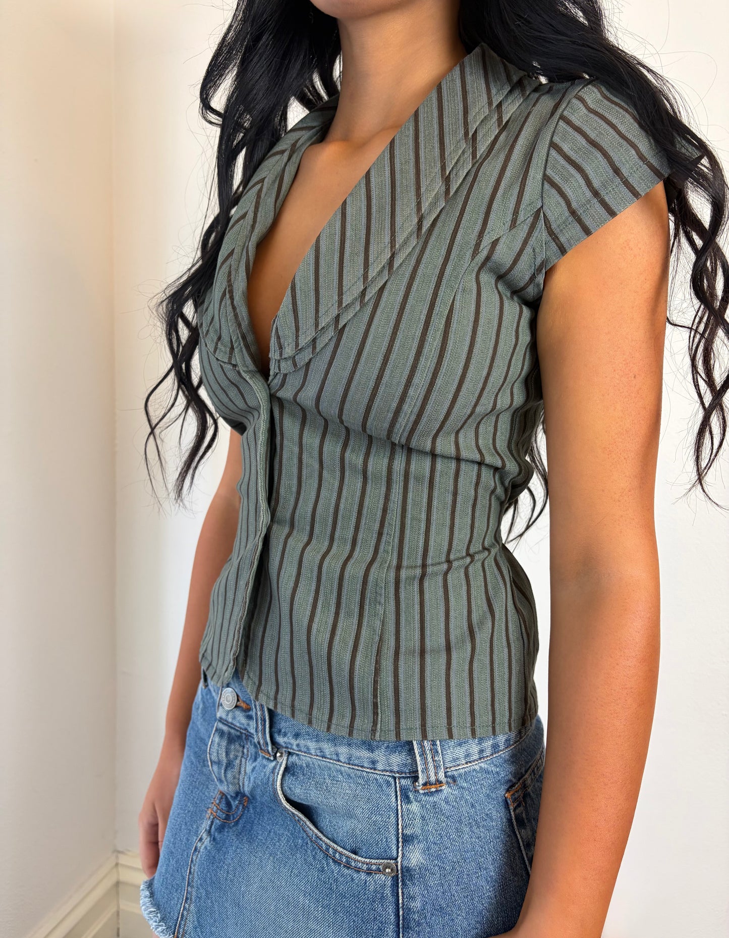 Y2K Vintage Olive Pinstripe Button Blouse