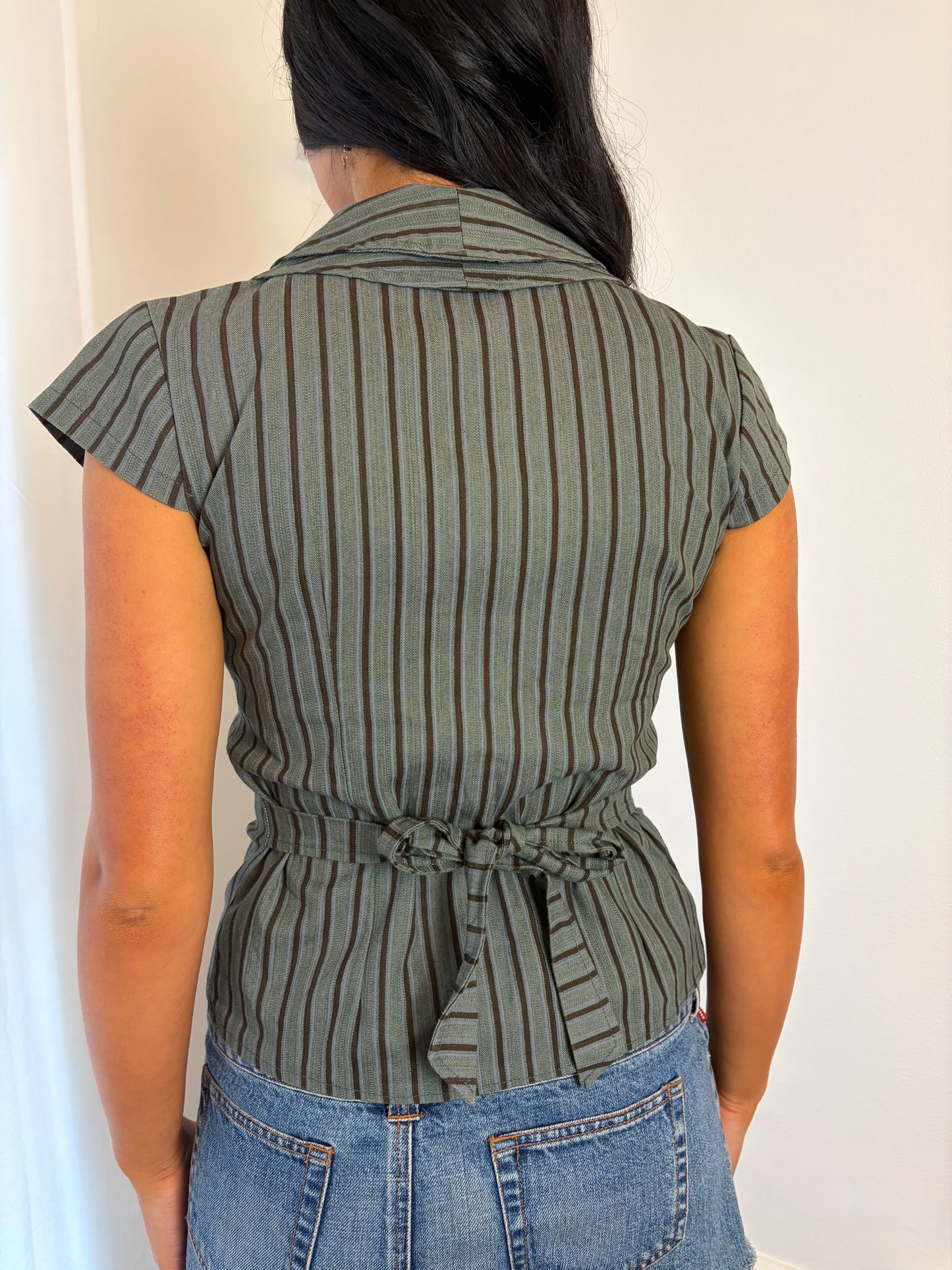 Y2K Vintage Olive Pinstripe Button Blouse
