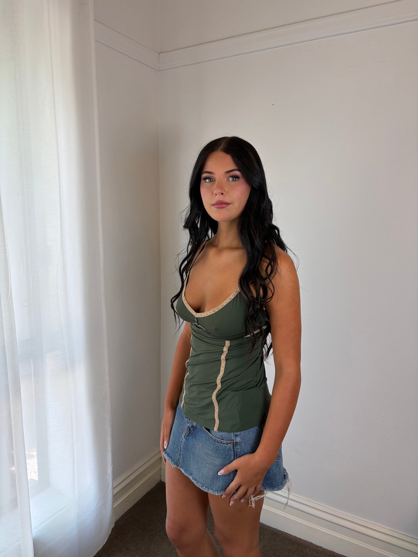 Vintage Forest Green Lace-Trim Cami