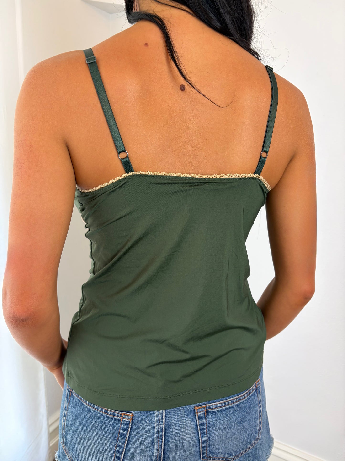 Vintage Forest Green Lace-Trim Cami