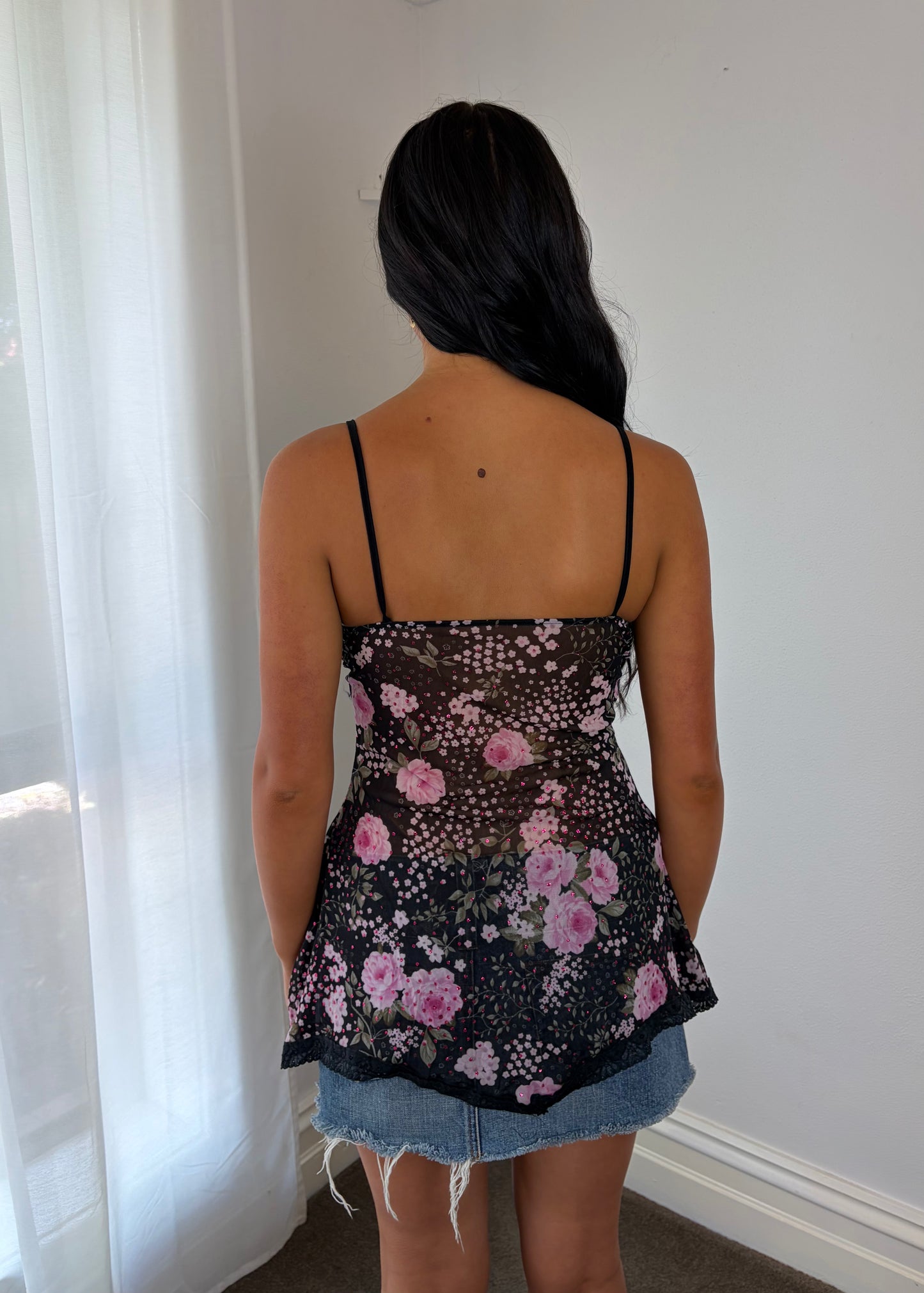 Vintage Y2K Black Floral Mesh Top
