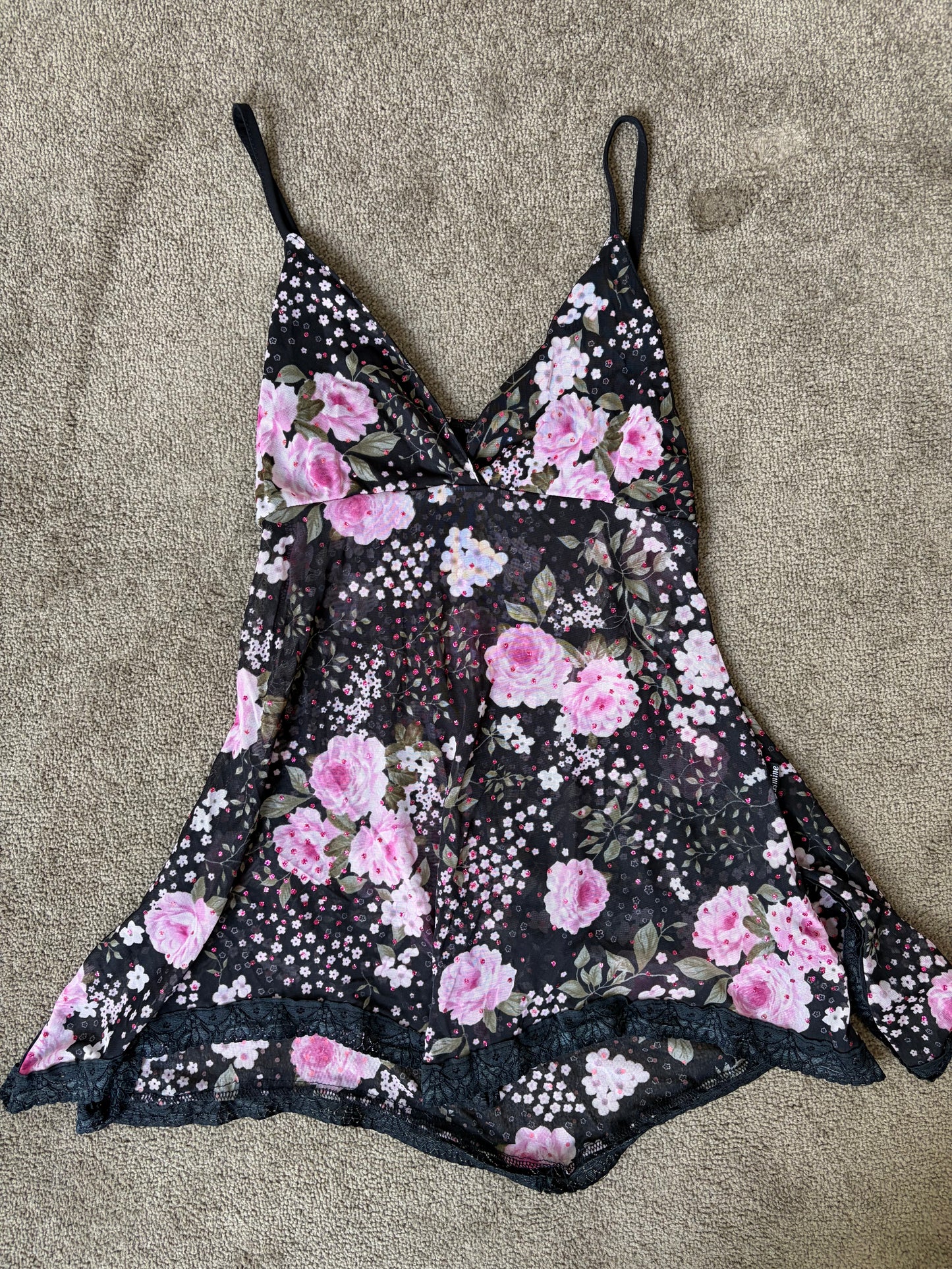 Vintage Y2K Black Floral Mesh Top