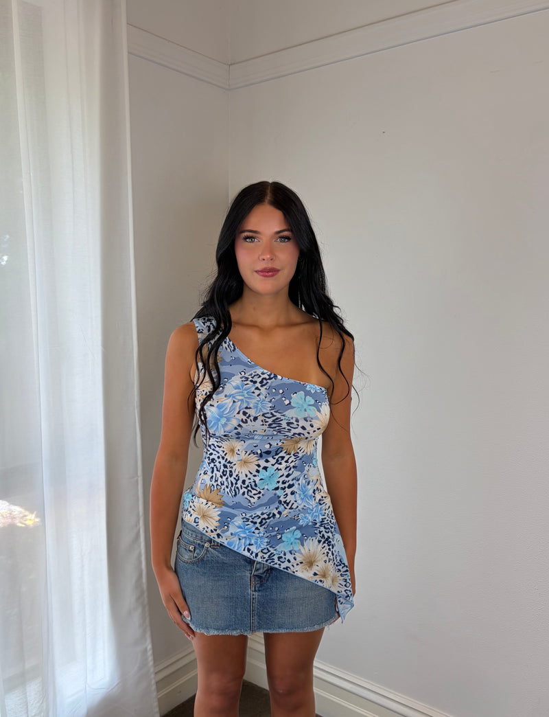 Vintage Y2K Blue One-Shoulder Floral Top
