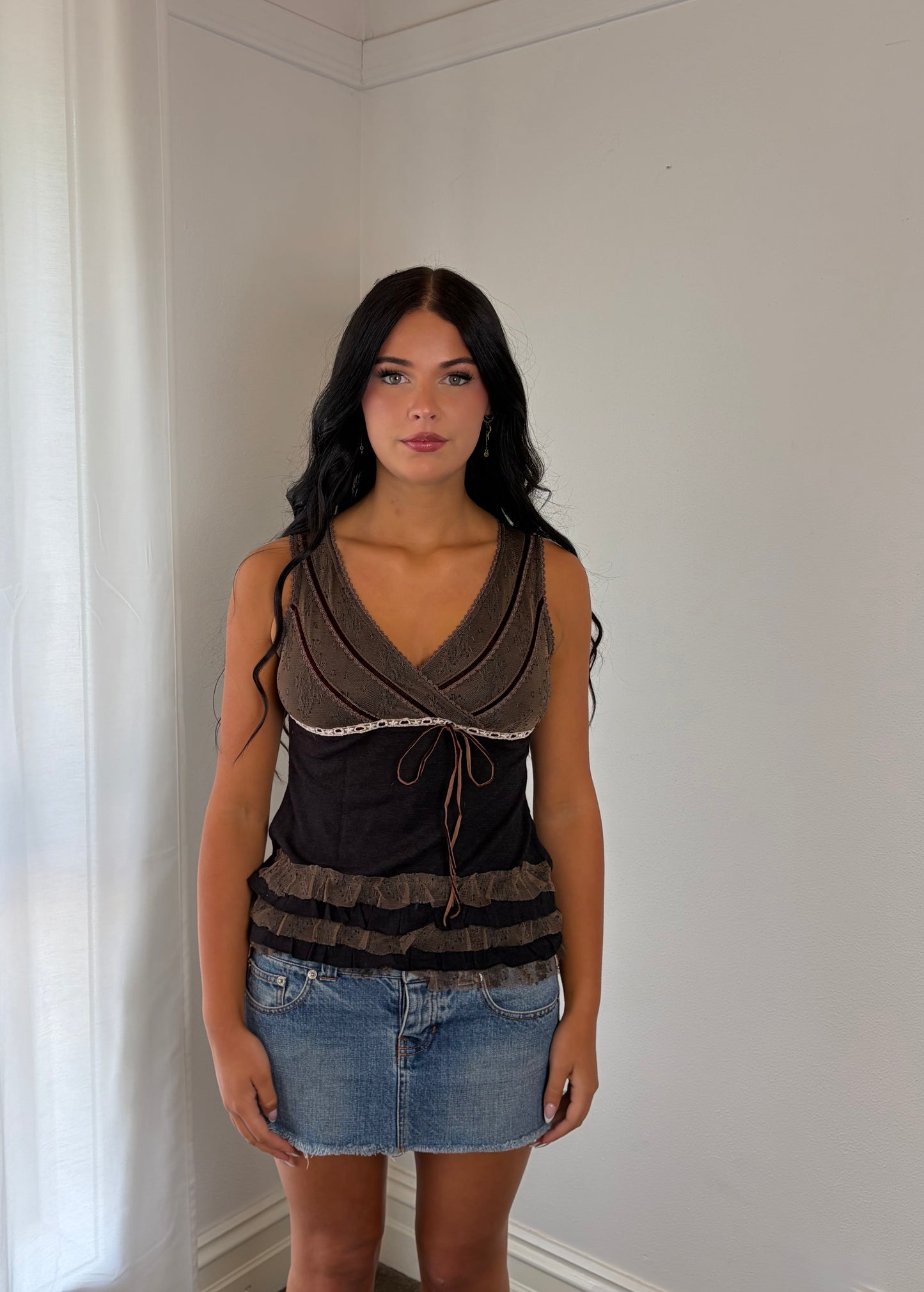 Vintage Y2K Lace Babydoll Top – Chocolate Brown
