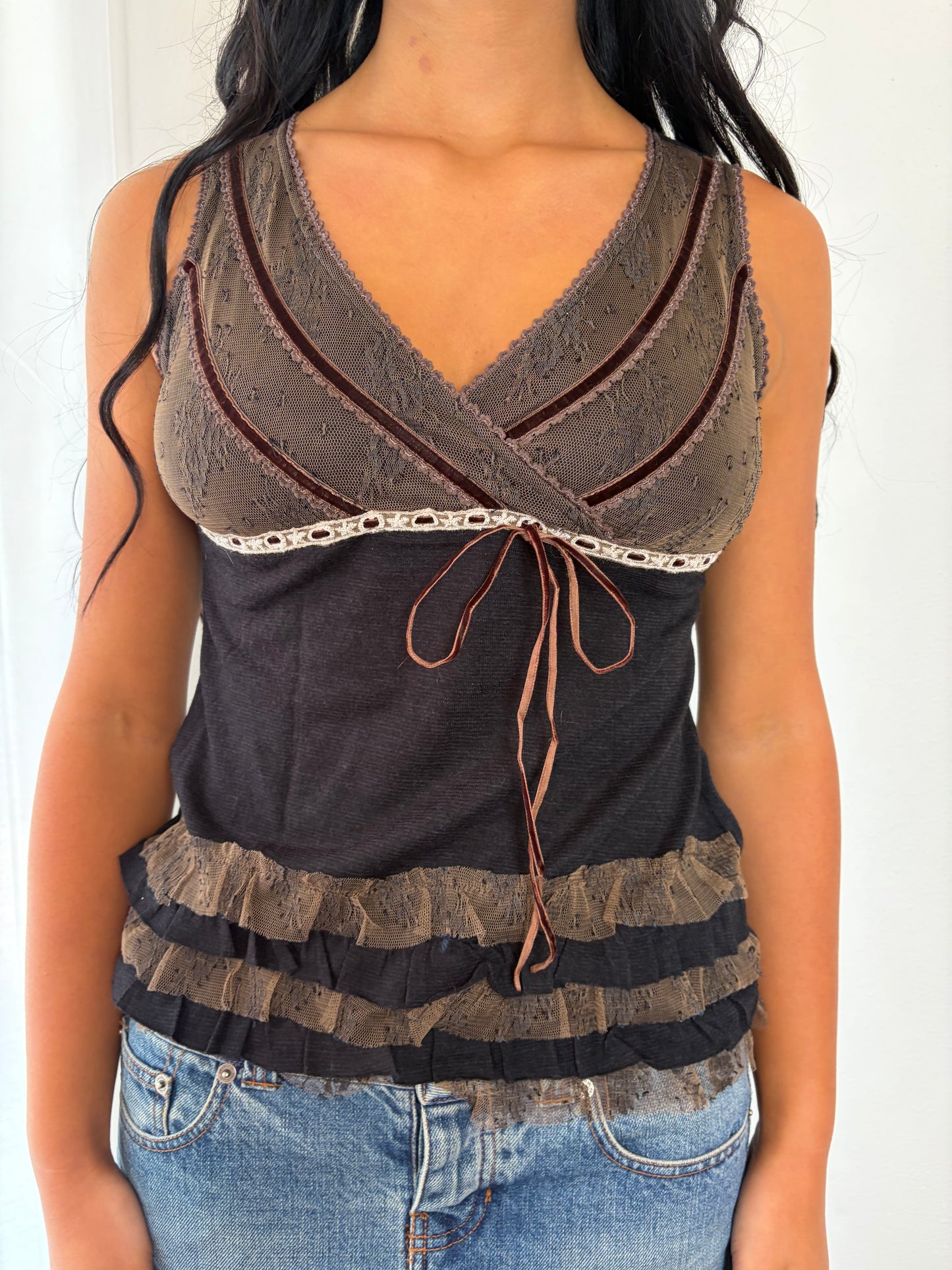 Vintage Y2K Lace Babydoll Top – Chocolate Brown