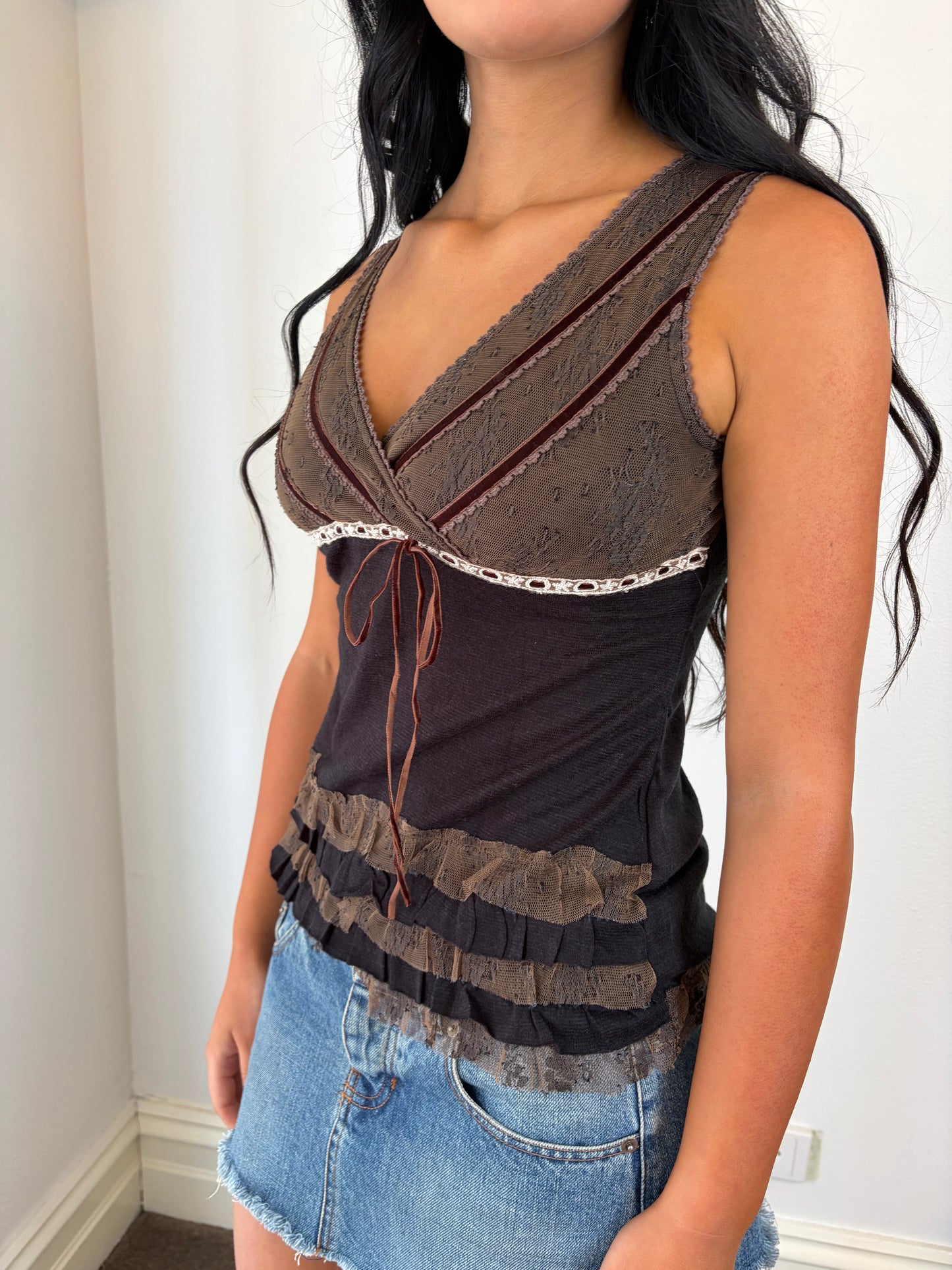 Vintage Y2K Lace Babydoll Top – Chocolate Brown