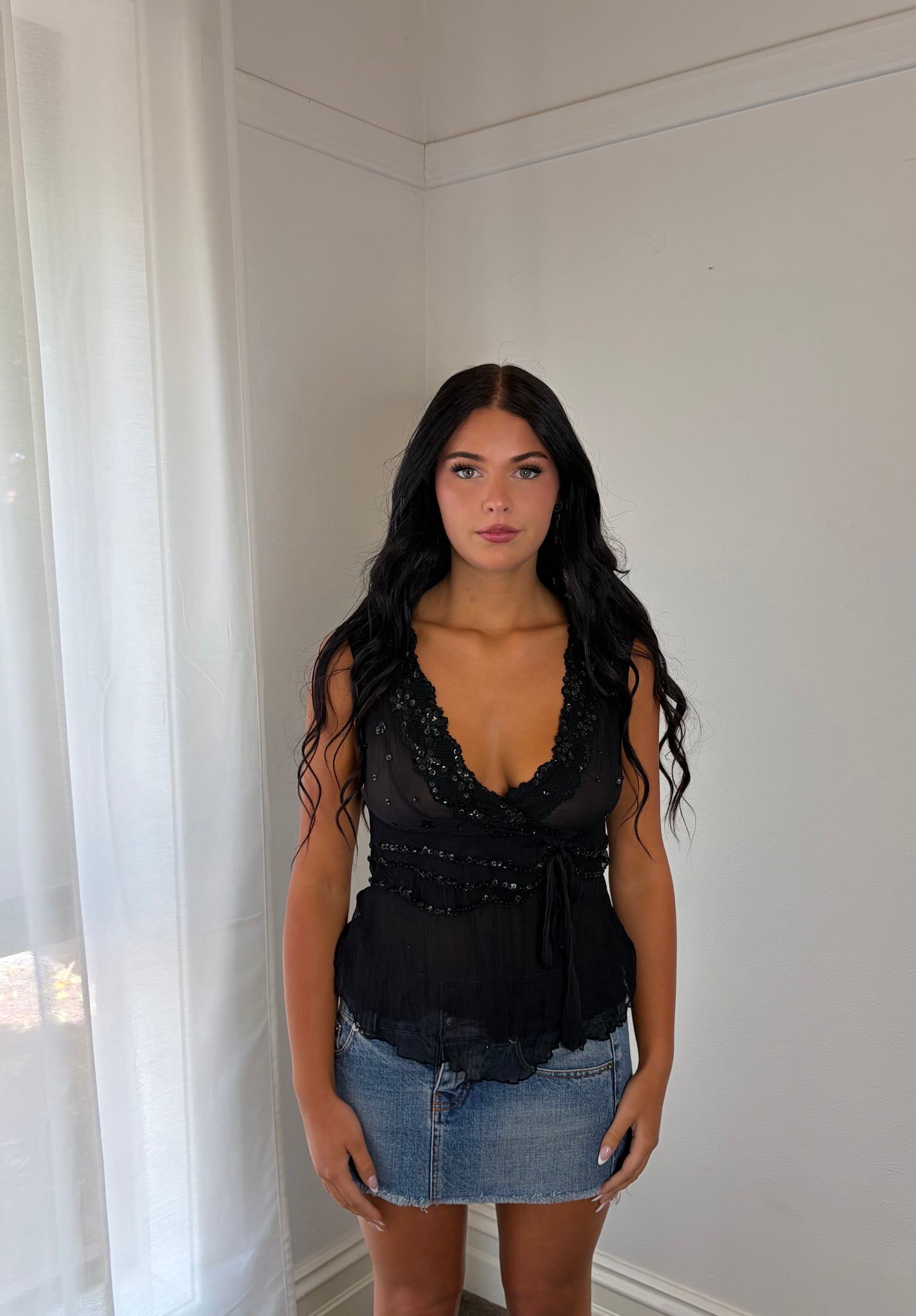 Vintage Y2K Black Sheer Sequin Wrap Top