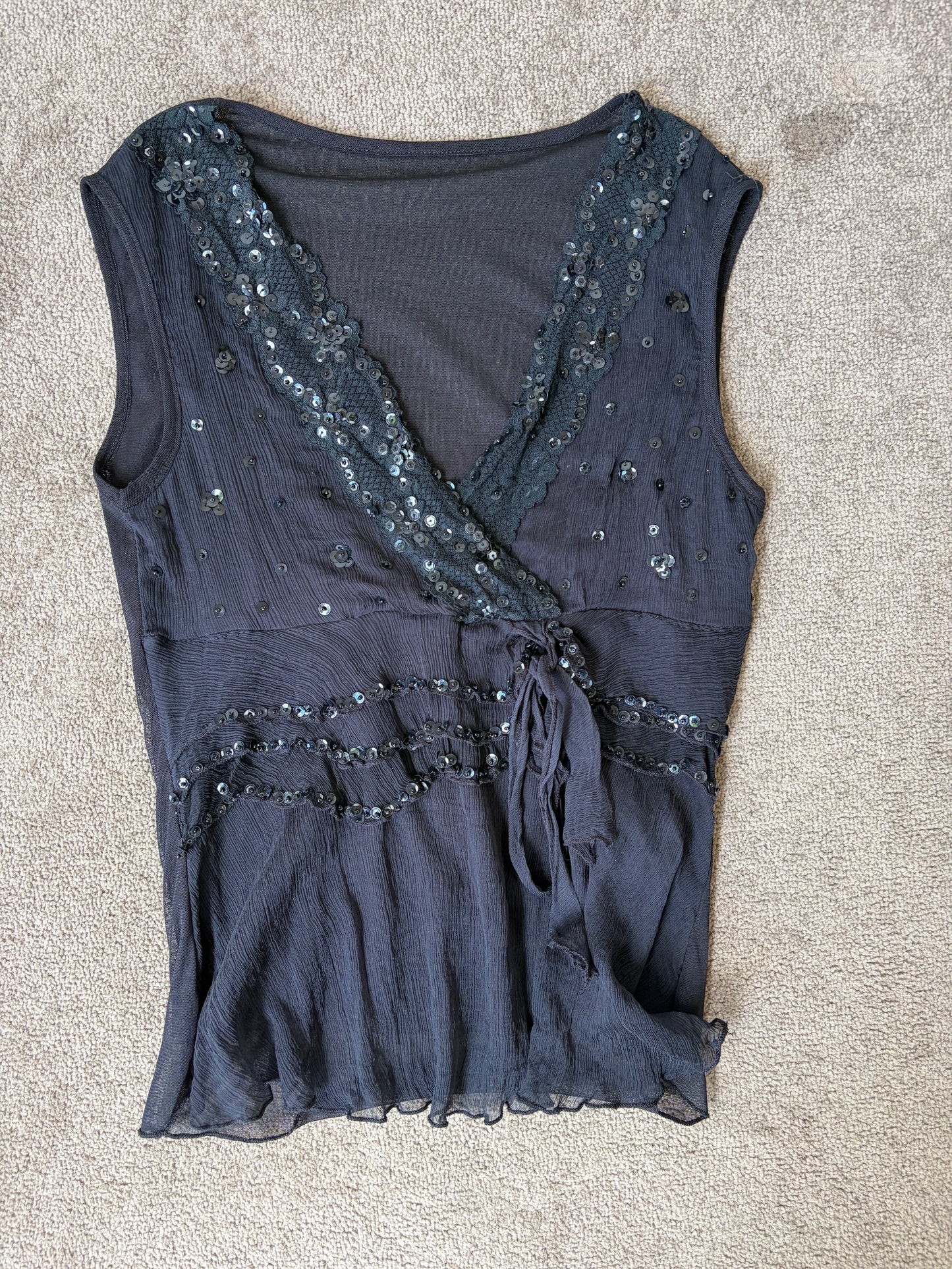 Vintage Y2K Black Sheer Sequin Wrap Top