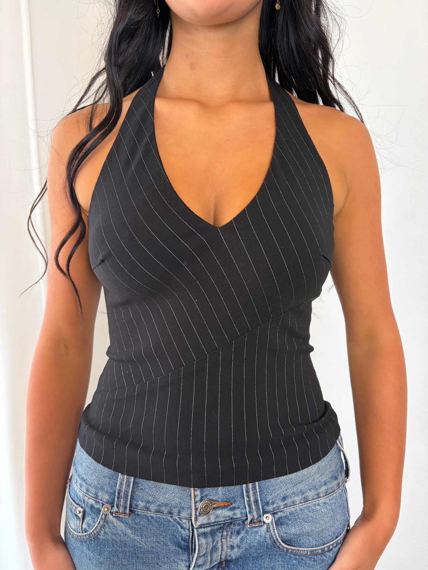 Vintage Black Pinstripe Halter Top