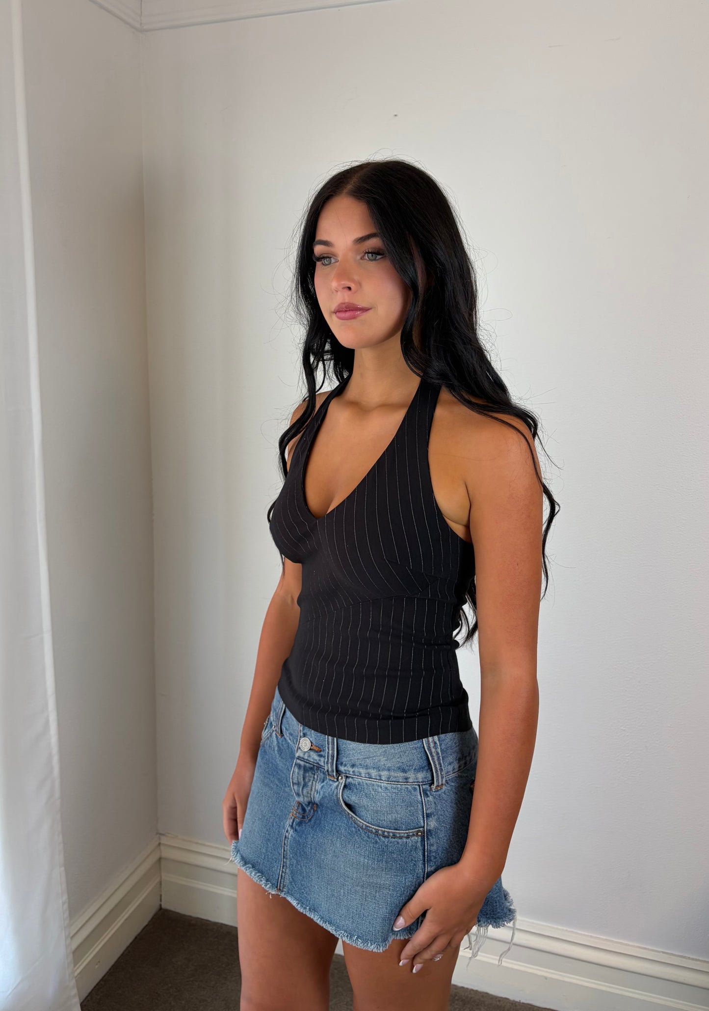 Vintage Black Pinstripe Halter Top