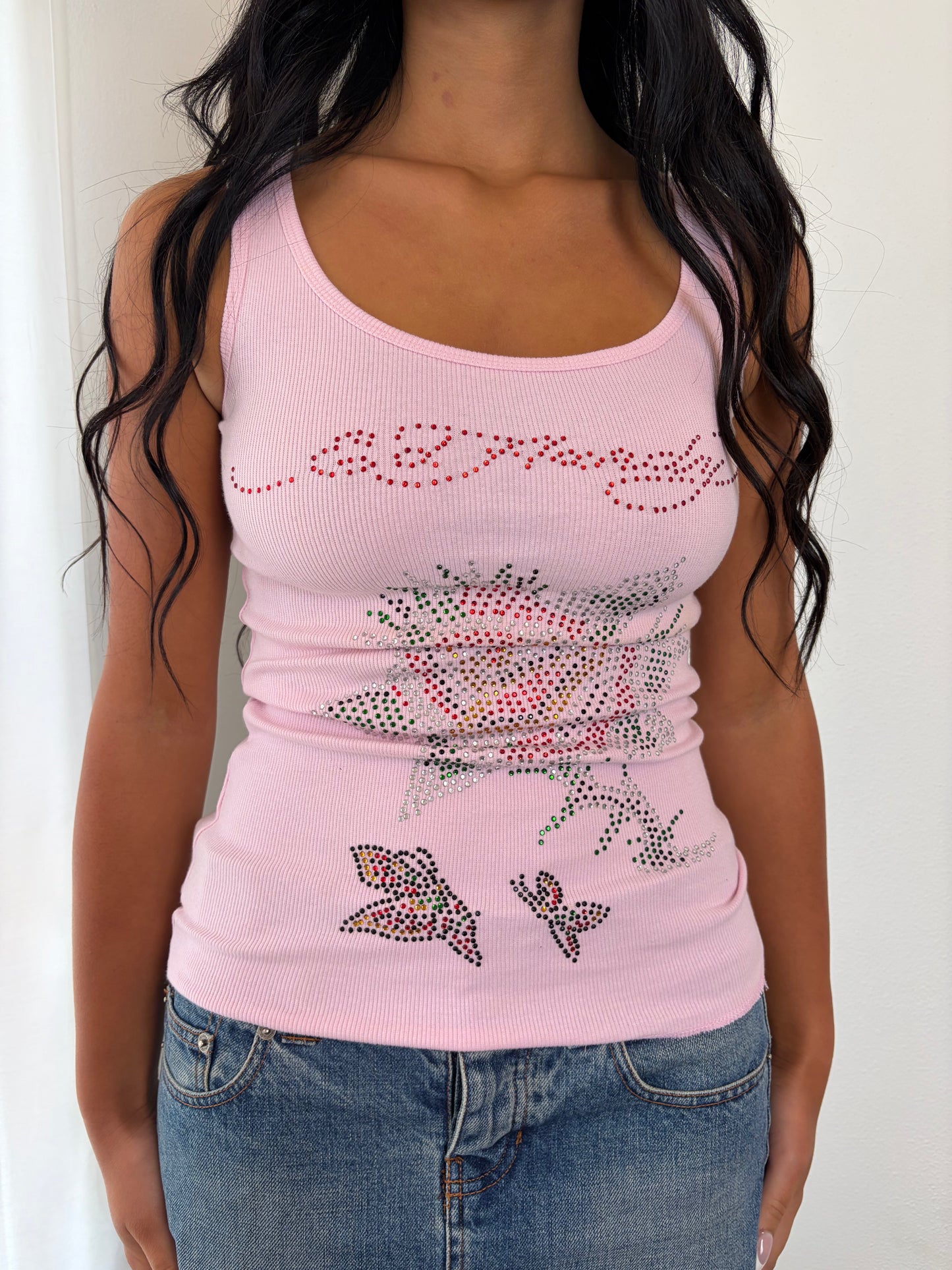Y2K Vintage Ed Hardy Blush Rhinestone Rose Tank