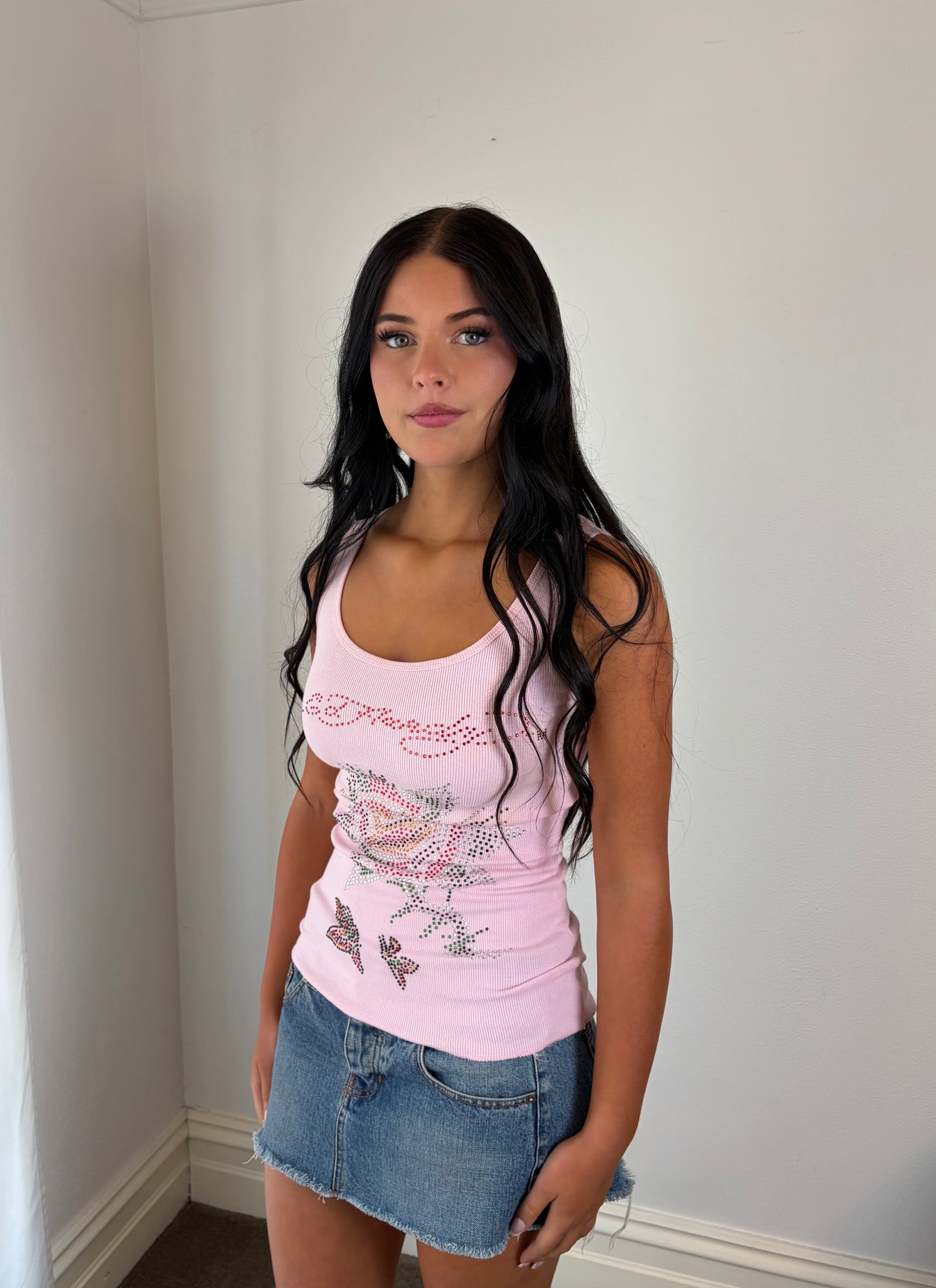 Y2K Vintage Ed Hardy Blush Rhinestone Rose Tank