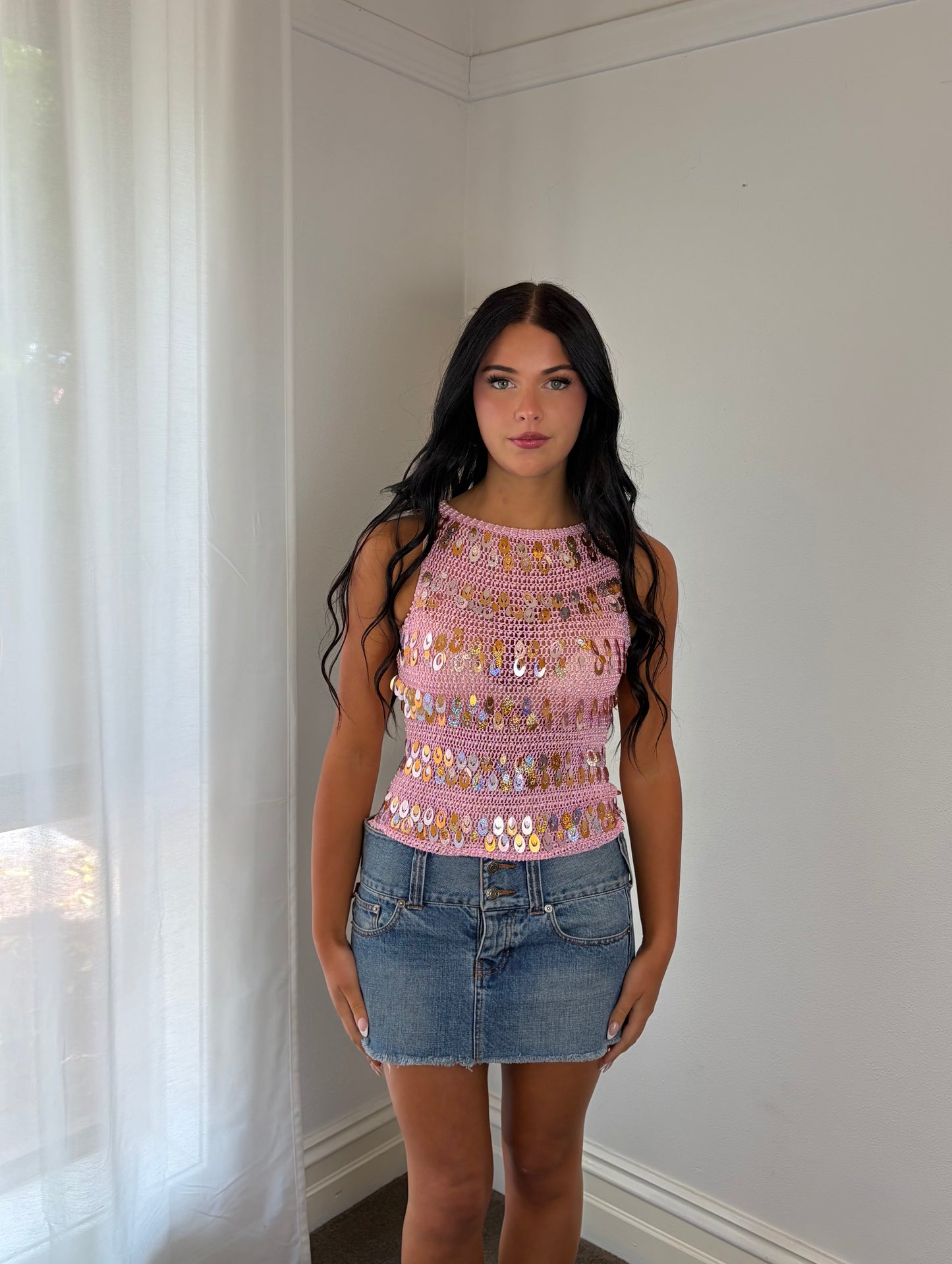 Vintage Blush Sequin Crochet Top