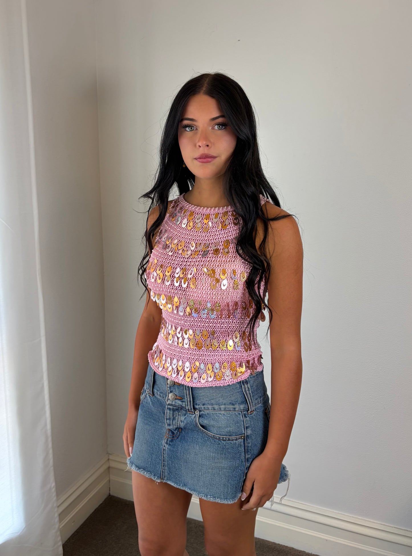 Vintage Blush Sequin Crochet Top
