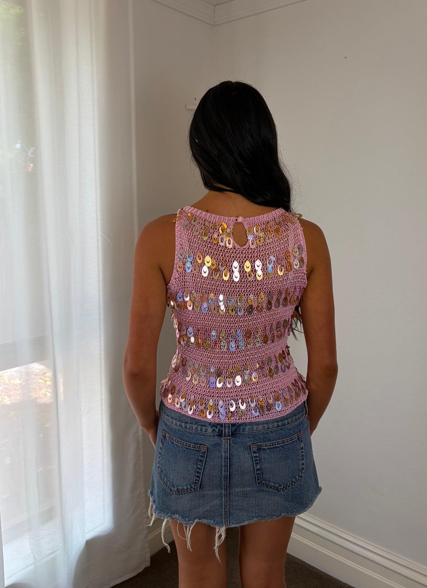 Vintage Blush Sequin Crochet Top