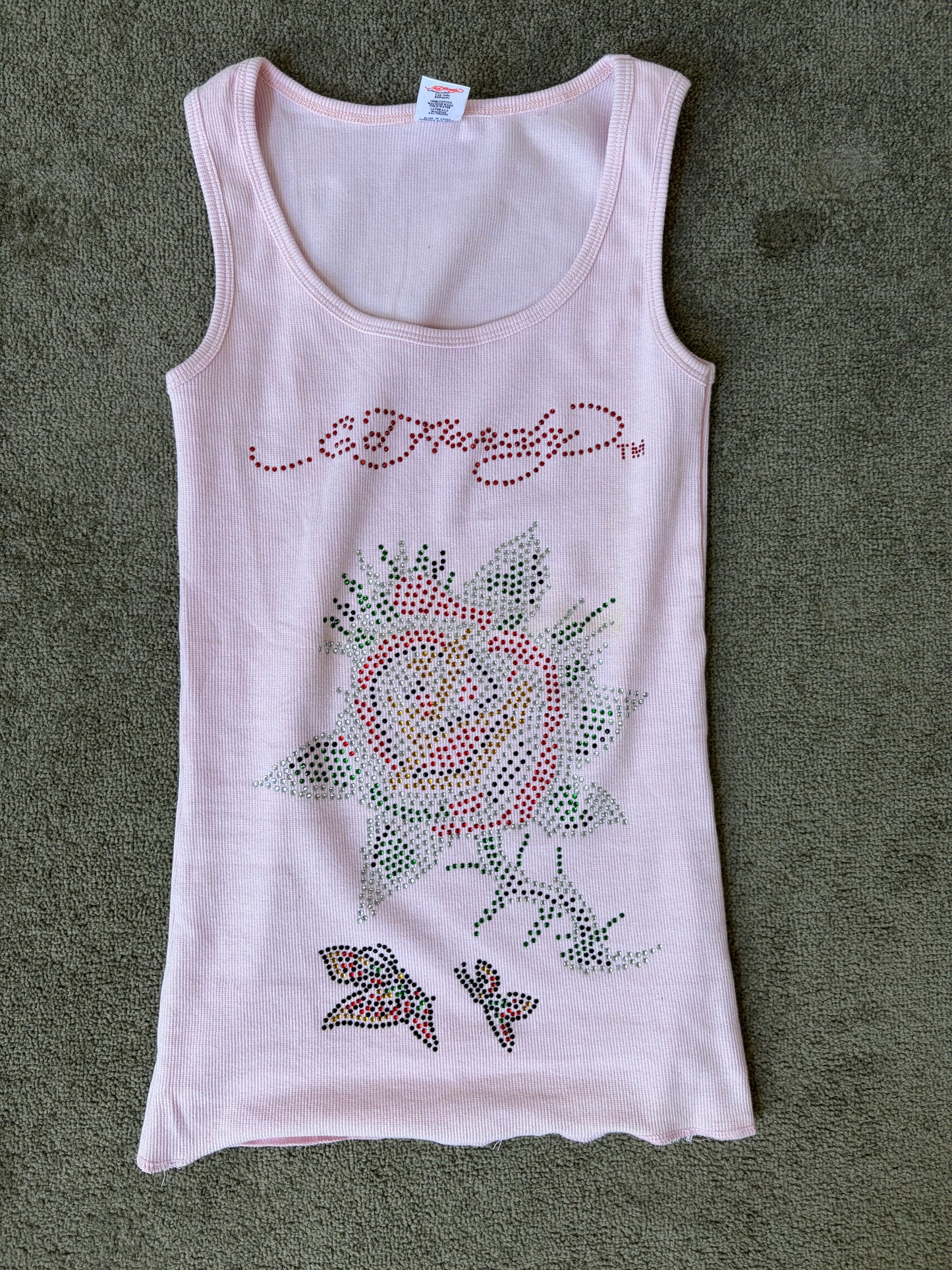 Y2K Vintage Ed Hardy Blush Rhinestone Rose Tank