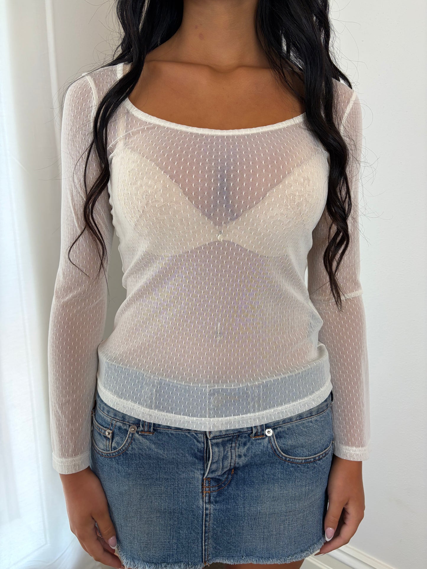 Sheer Ivory Mesh Long Sleeve Top Vintage Y2K