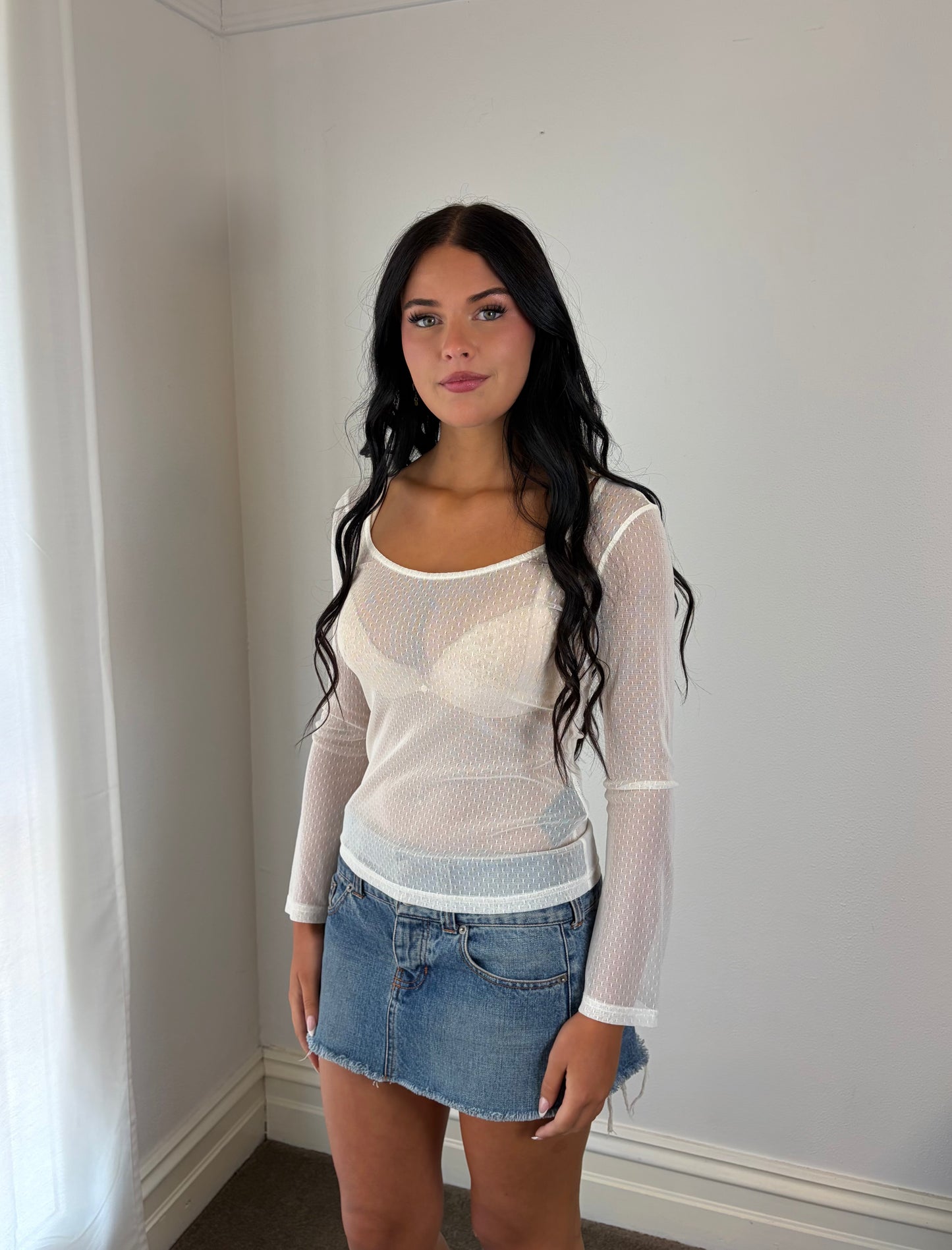 Sheer Ivory Mesh Long Sleeve Top Vintage Y2K