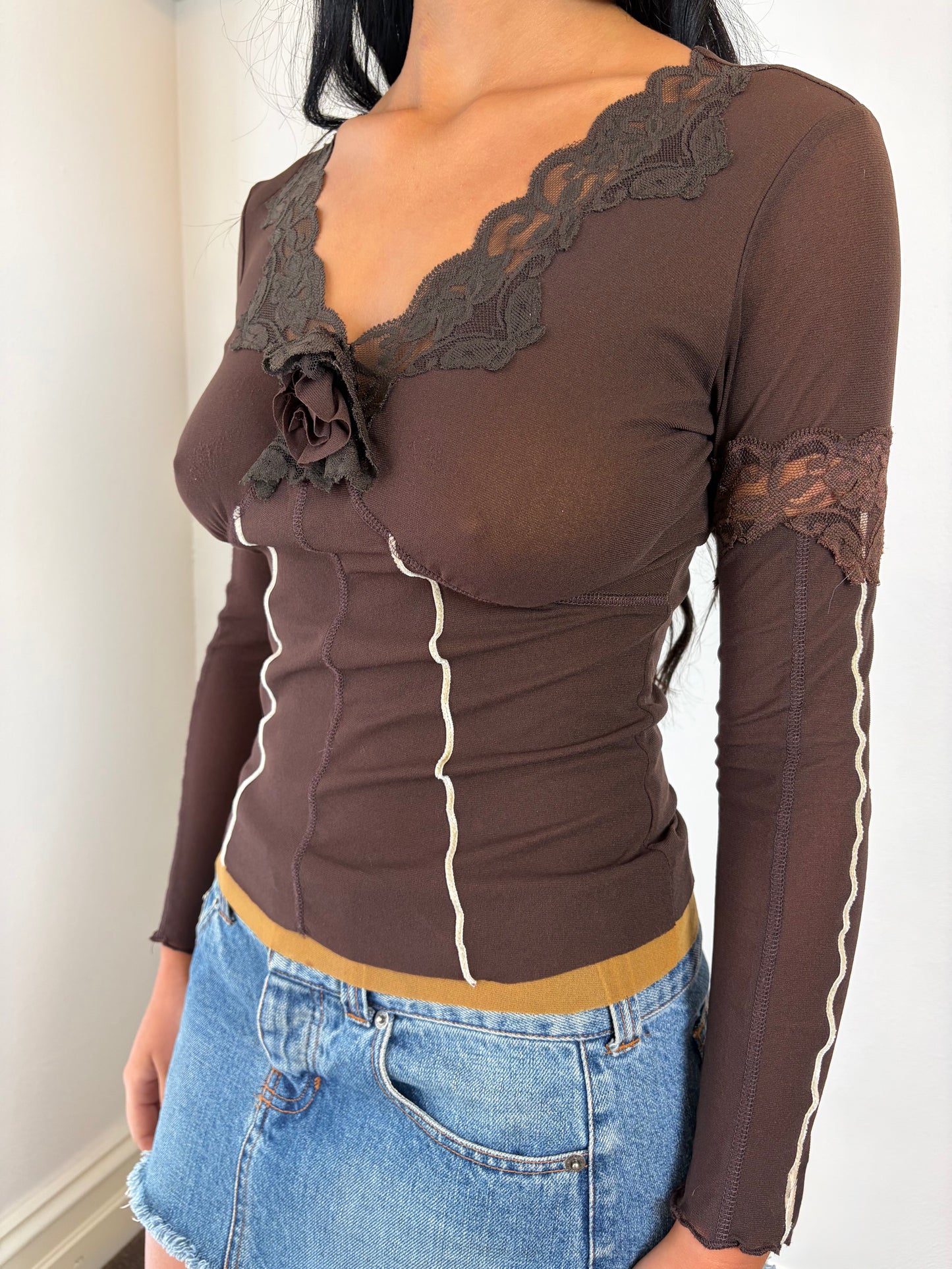 Vintage Cocoa Lace Trim Mesh Top