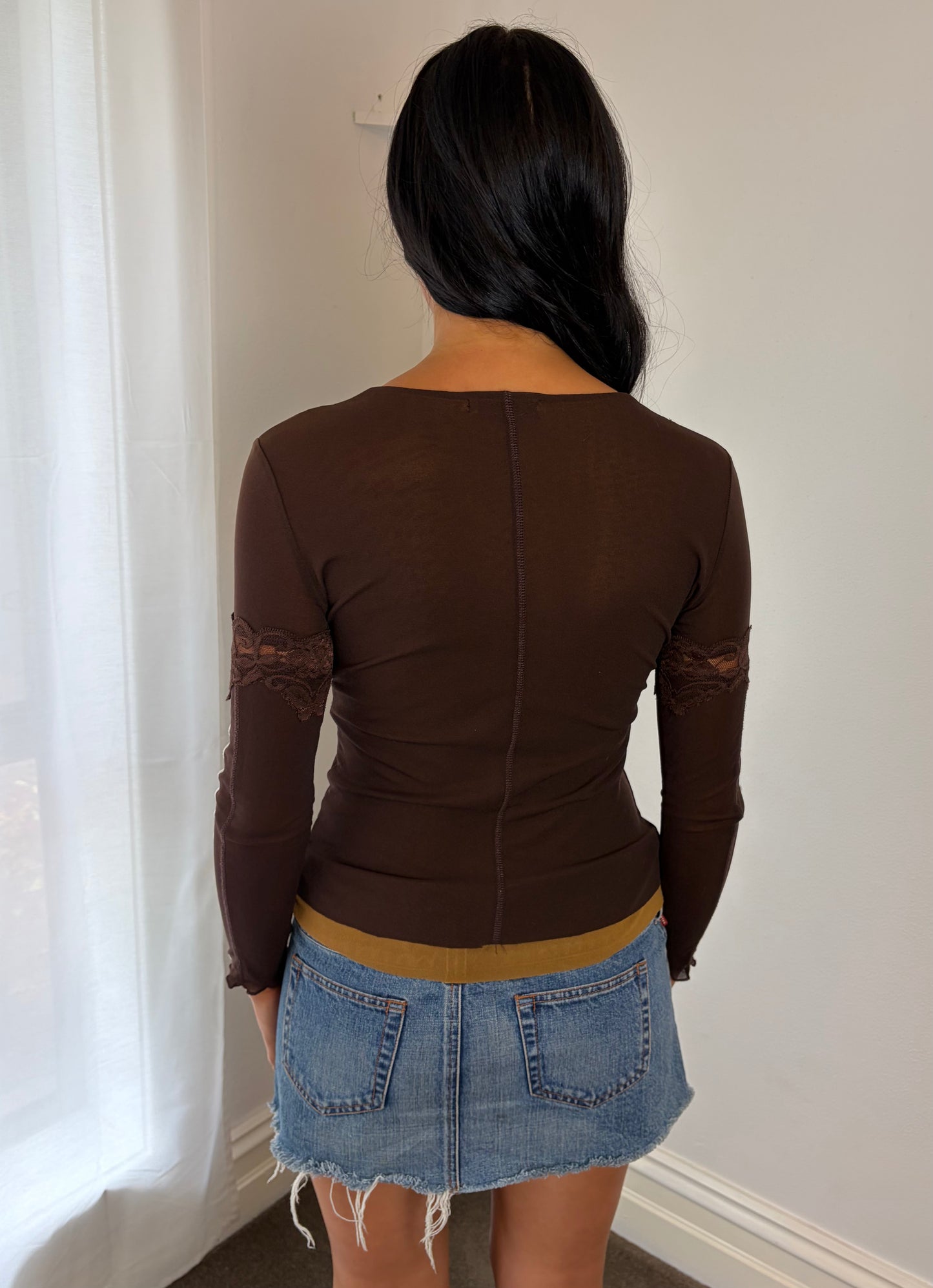 Vintage Cocoa Lace Trim Mesh Top