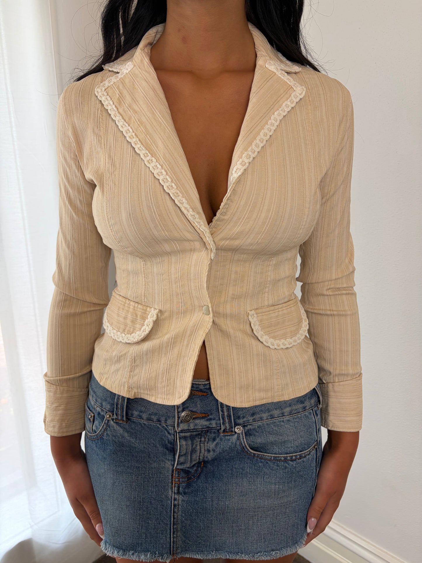 Vintage Ivory Lace-Trim Tailored Blazer