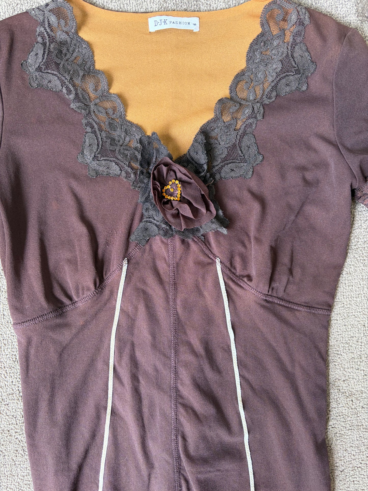 Vintage Cocoa Lace Trim Mesh Top