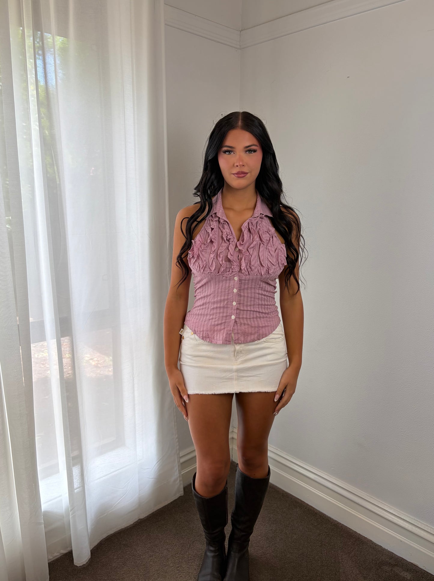 Romantic Y2K Dusty Rose Ruffle Halter Top