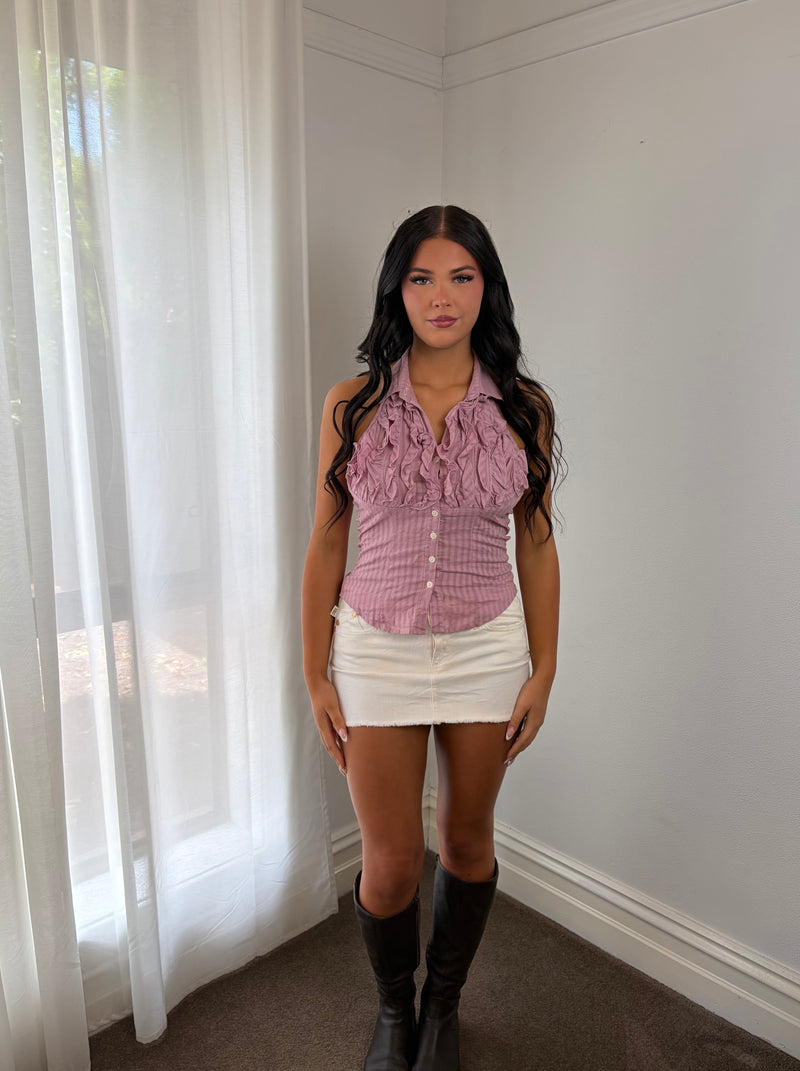 Romantic Y2K Dusty Rose Ruffle Halter Top