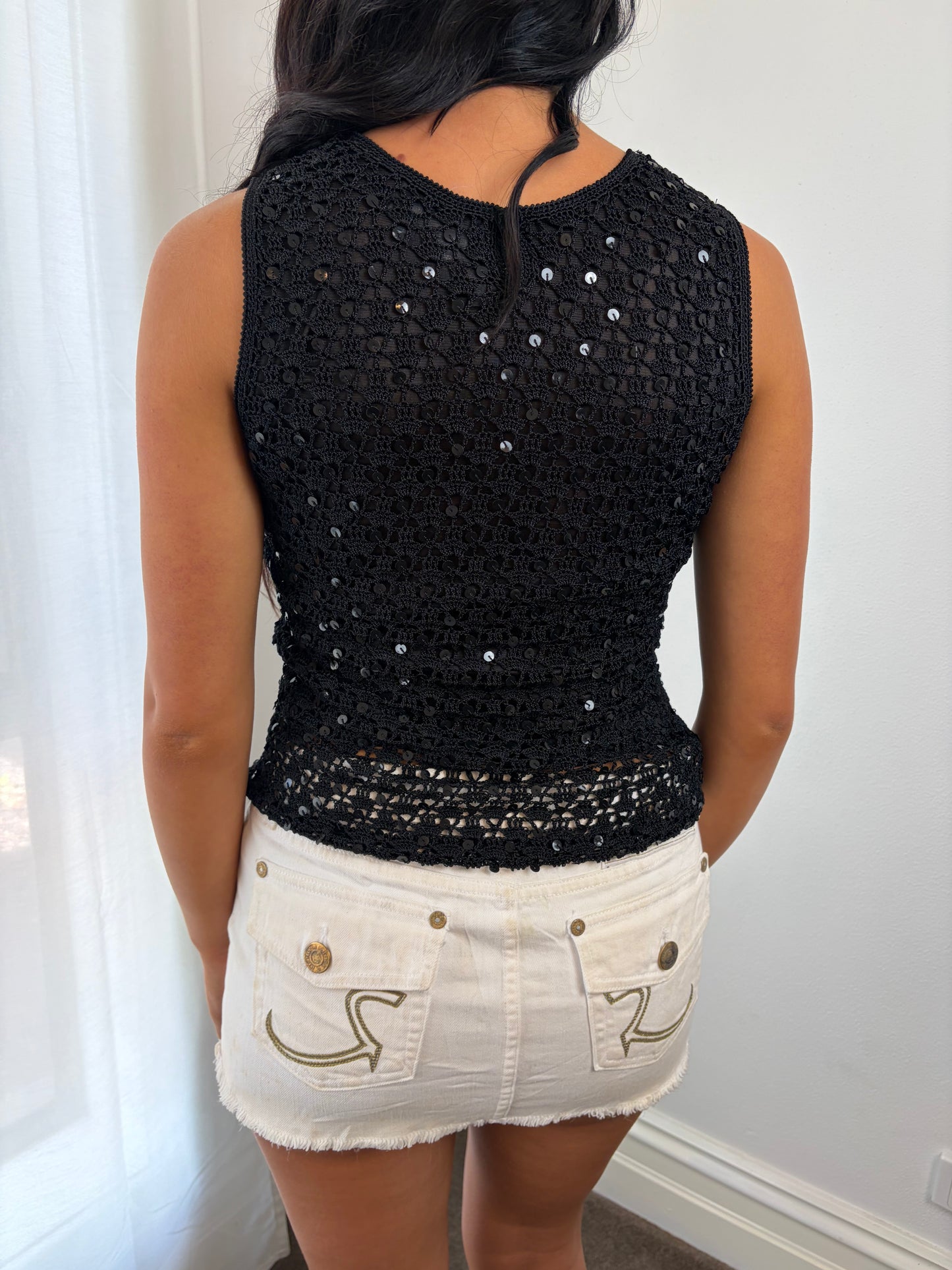 Luxury Vintage Black Crochet Sequin Top