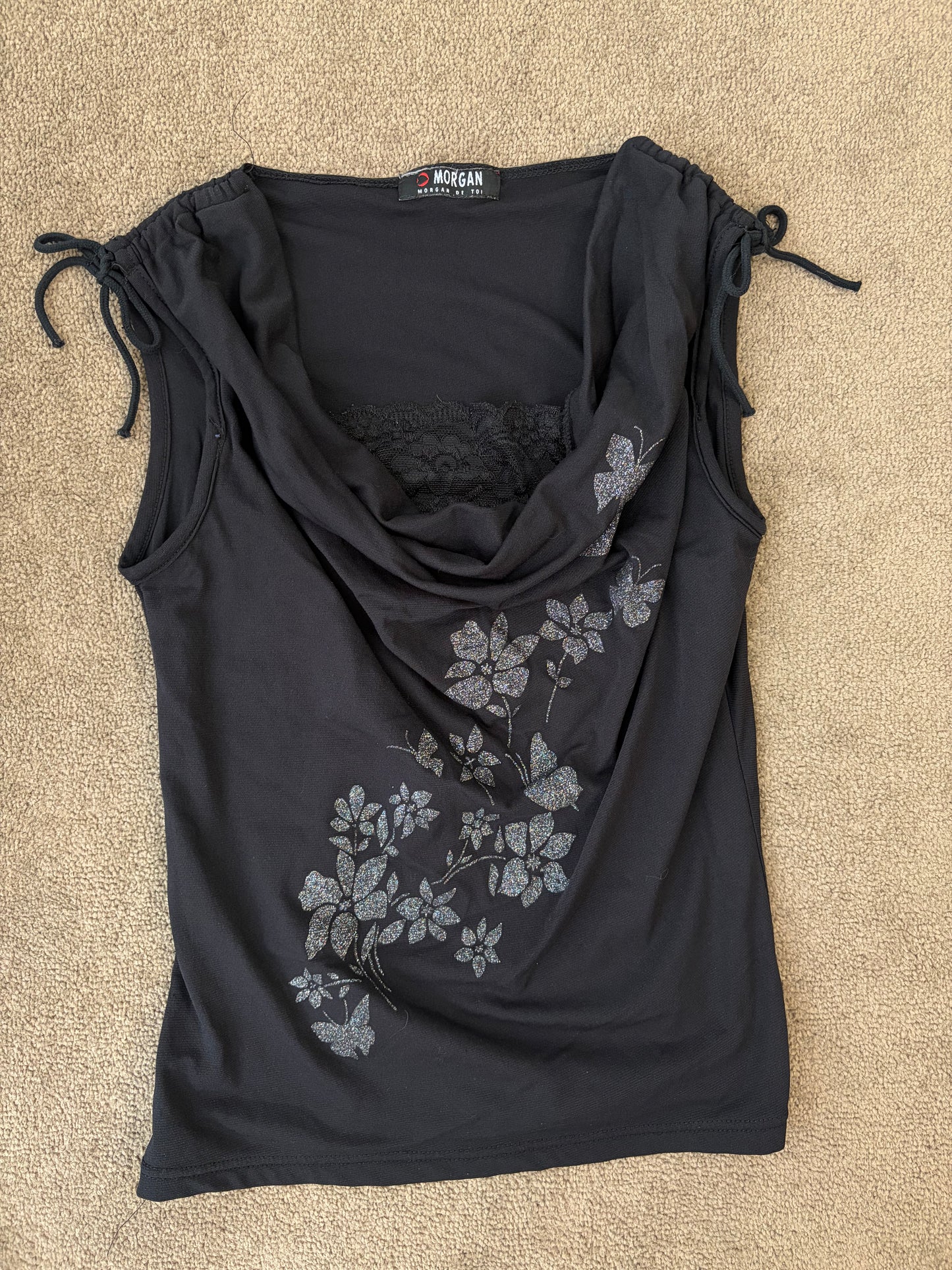 Lace Trim Butterfly Print Evening Top
