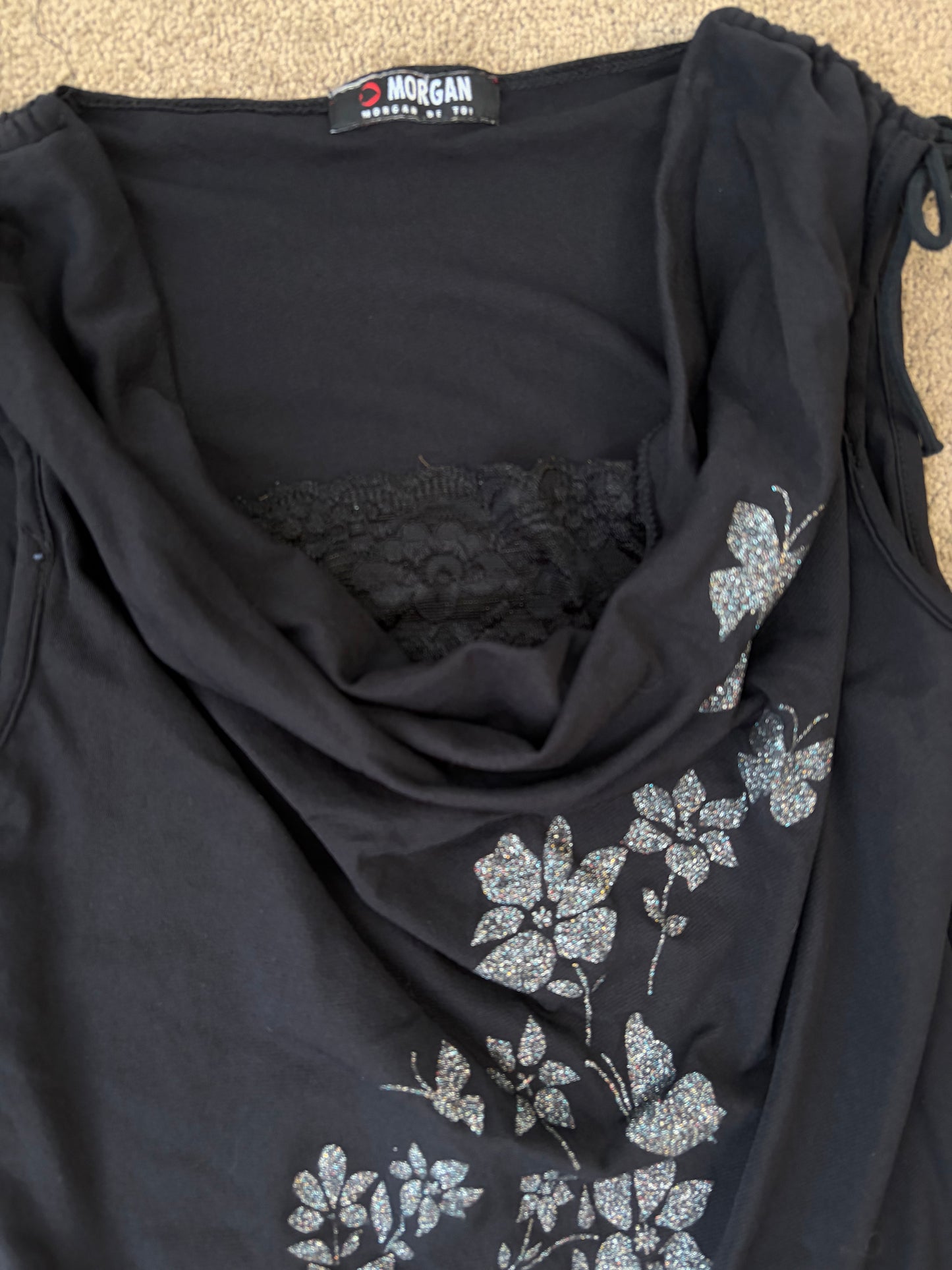 Lace Trim Butterfly Print Evening Top