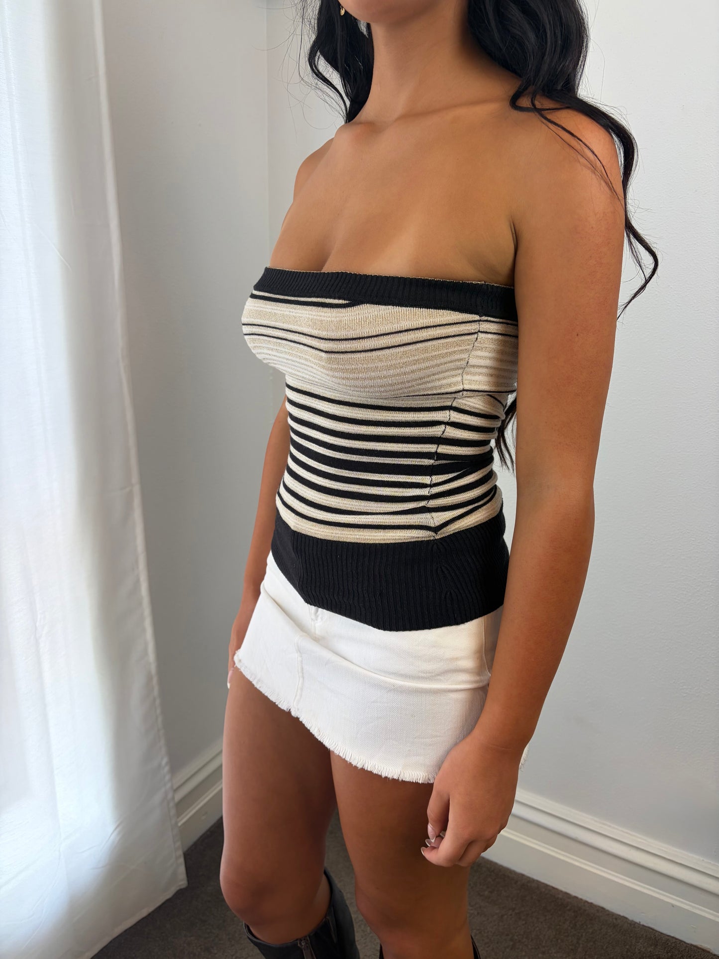 Vintage Monochrome Stripe Knit Bandeau Top