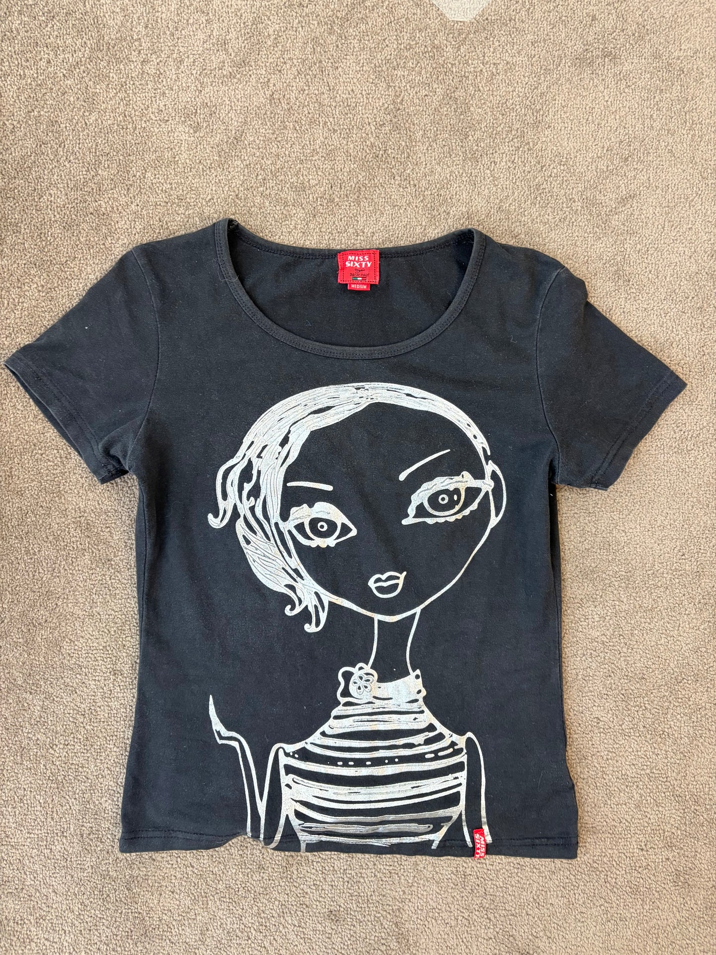 Miss Sixty Graphic Baby Tee in Black with Metallic Character Print