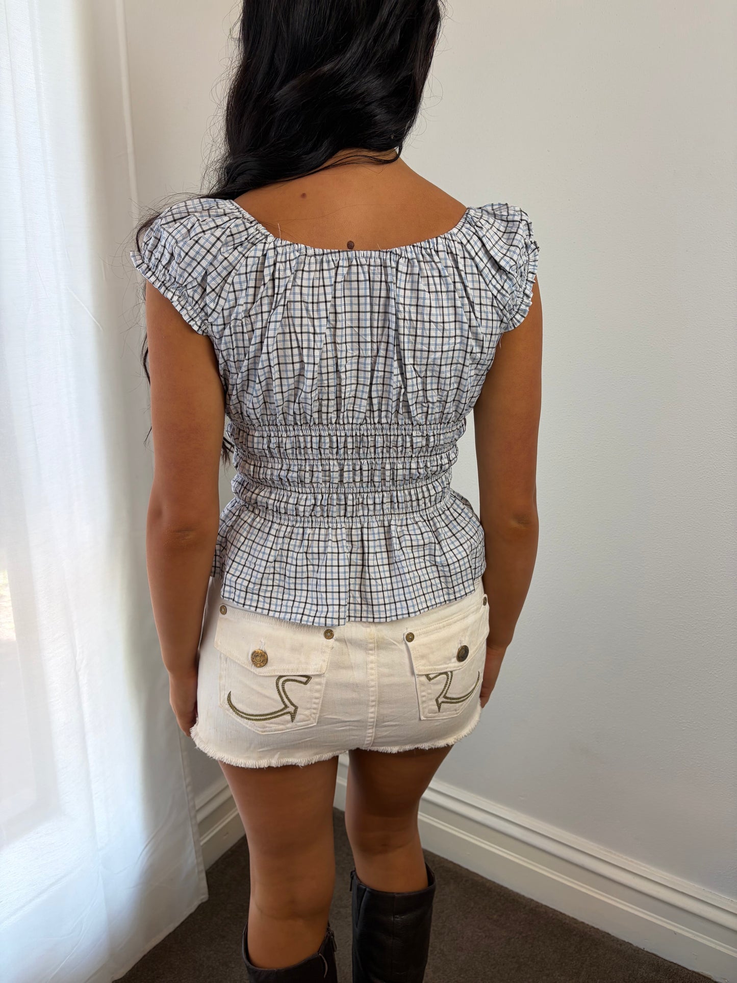 Blue Check Shirred Blouse