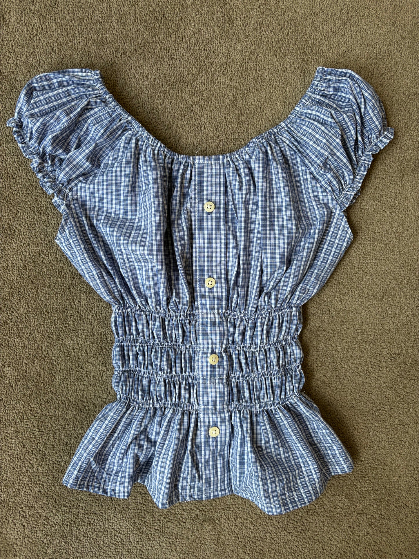 Vintage Blue Gingham Shirred Peplum Blouse with Button-Front Detail