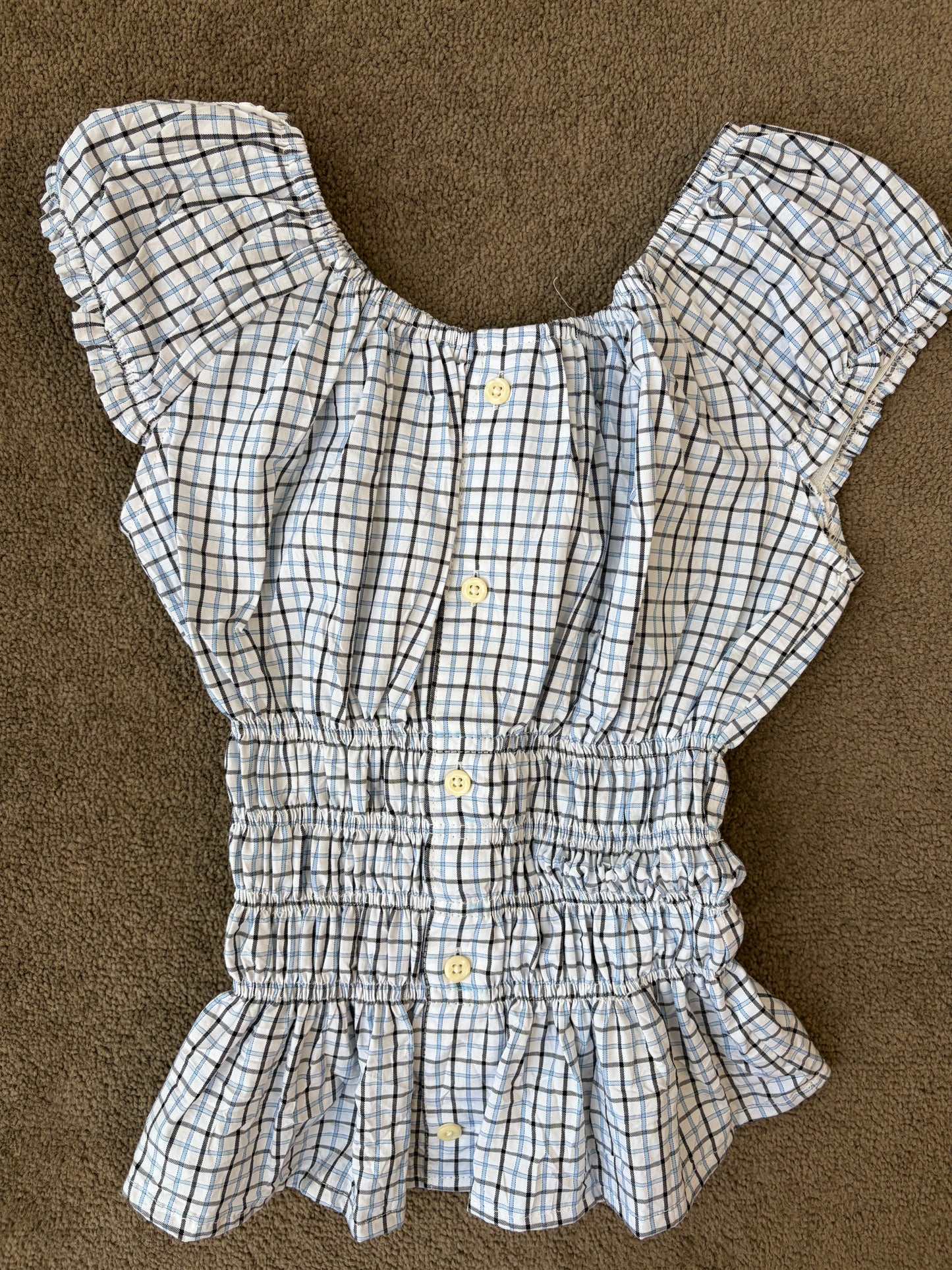 Blue Check Shirred Blouse