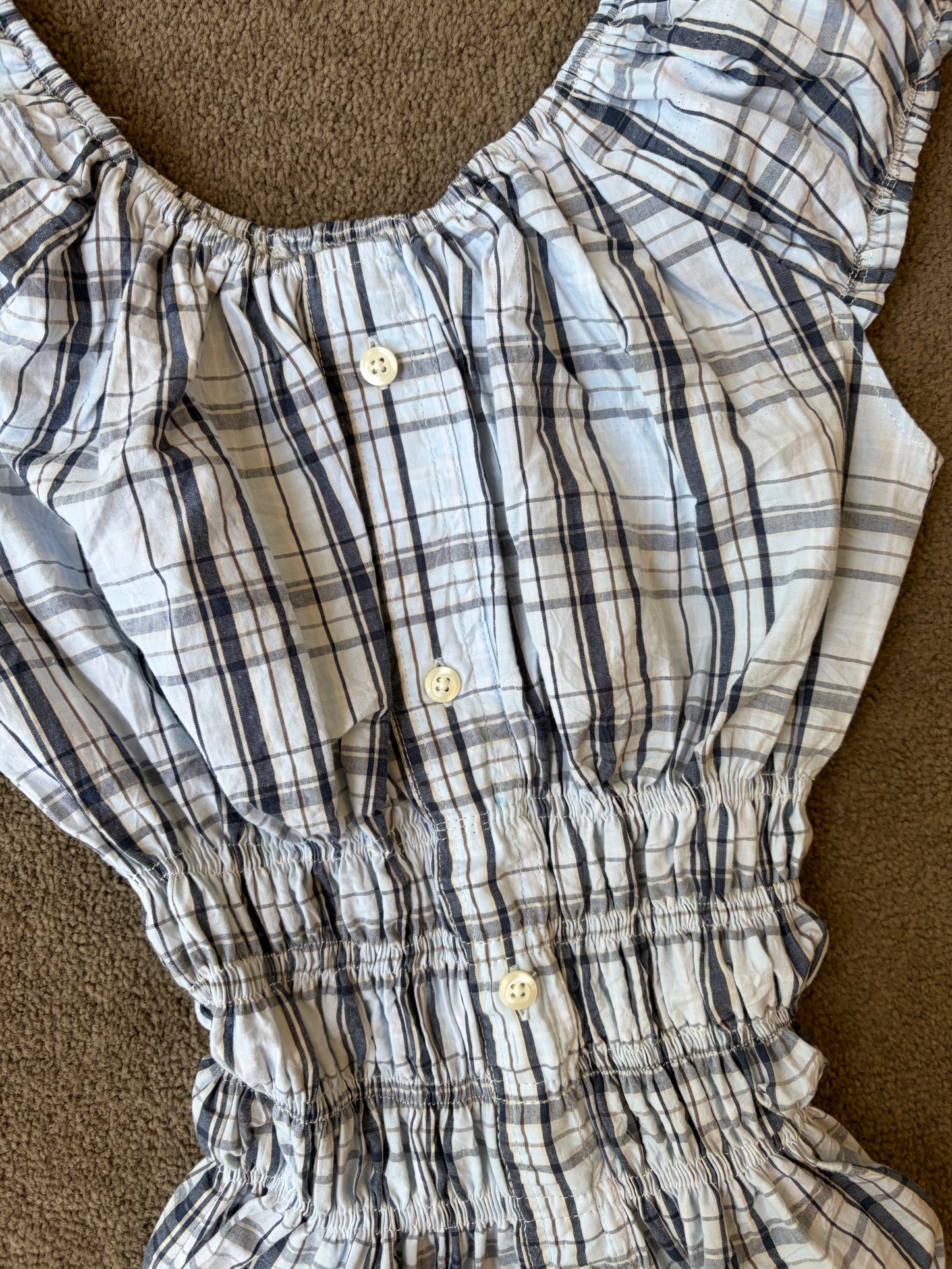 Blue Plaid Shirred Blouse